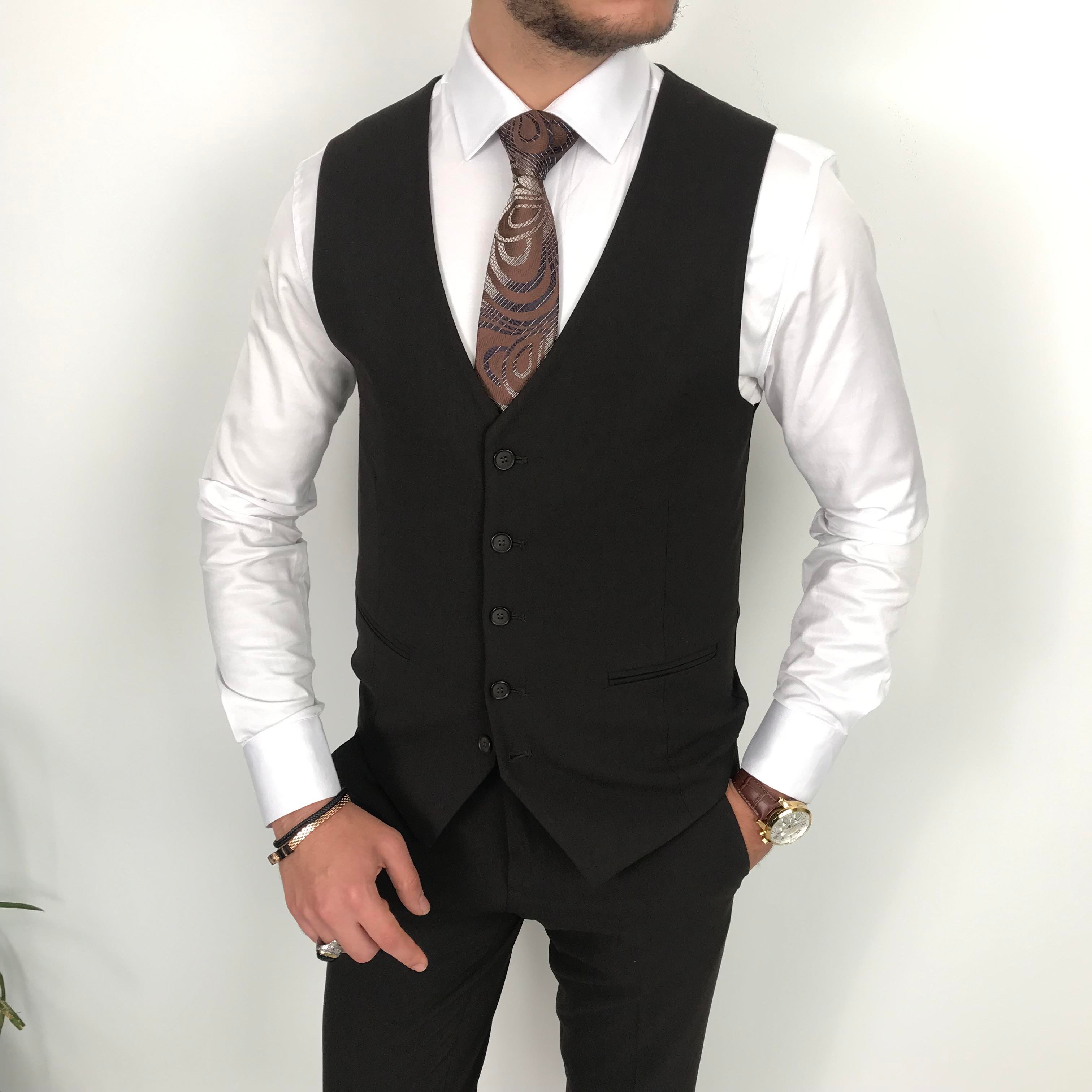 İtalyan stil slim fit 8 drop ceket yelek pantolon takım elbise kahverengi T9988