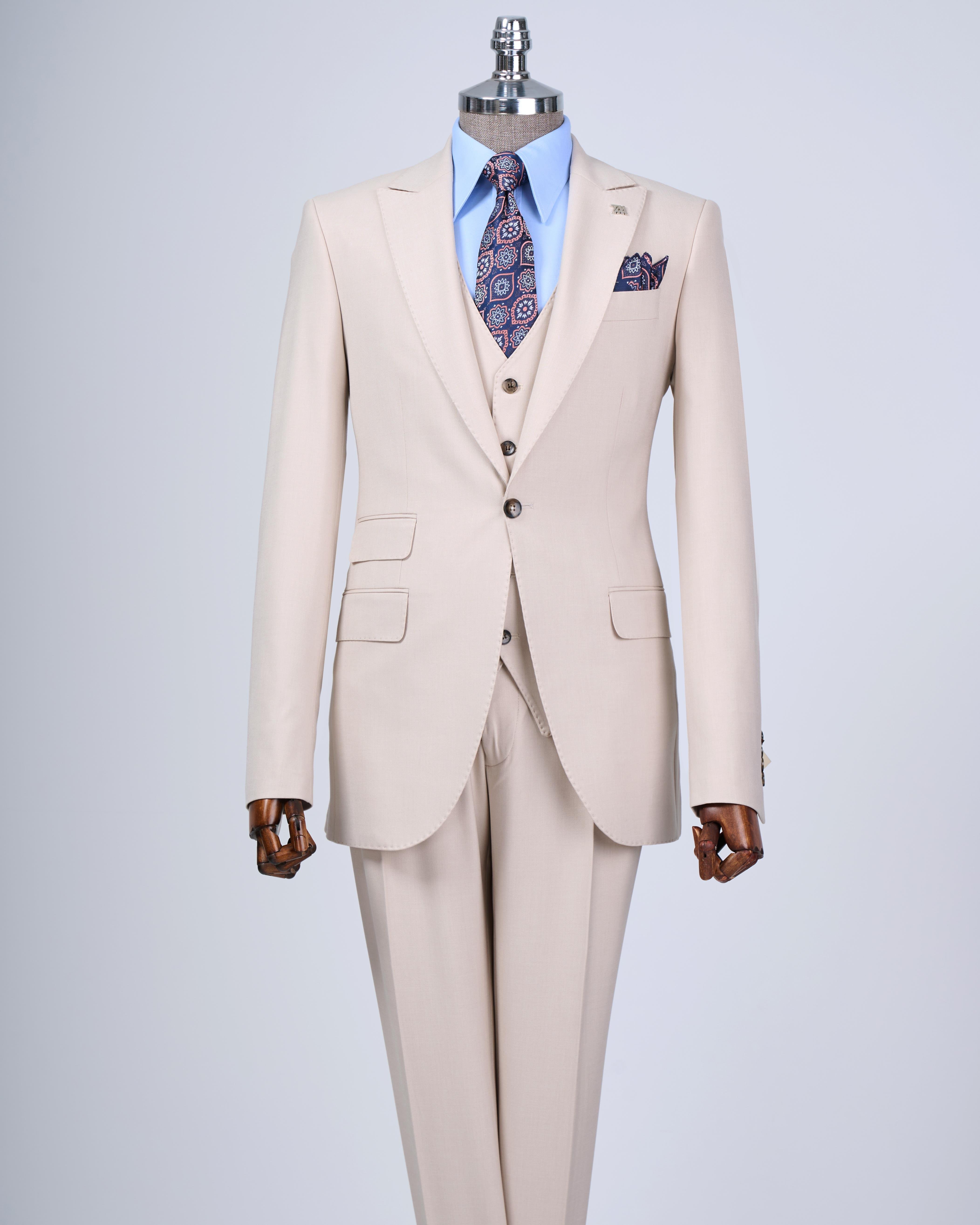 İtalyan stil slim fit 8 drop ceket yelek pantolon takım elbise bej T12633