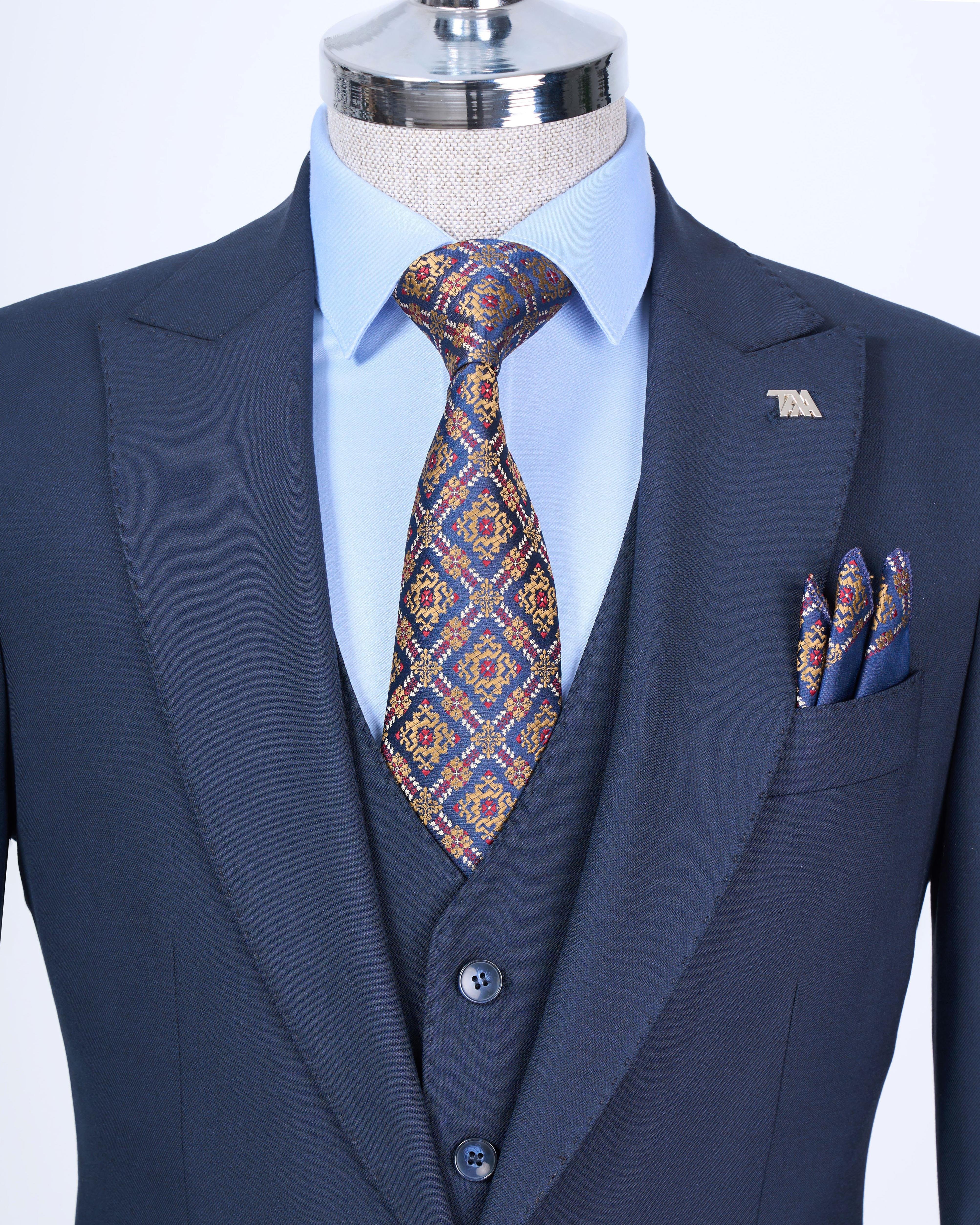 İtalyan stil slim fit 8 drop ceket yelek pantolon takım elbise lacivert T12728