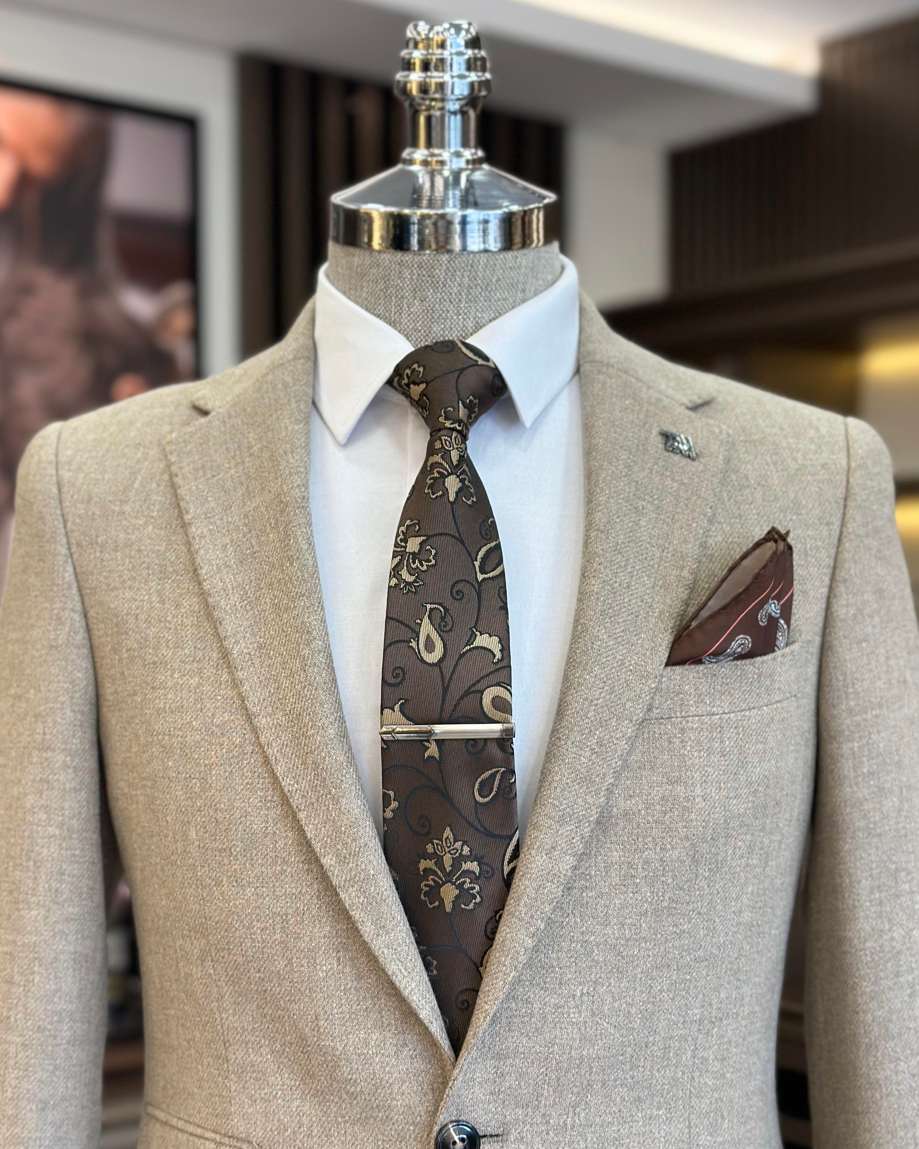 İtalyan stil slim fit 8 drop mono yaka erkek ceket bej T10980