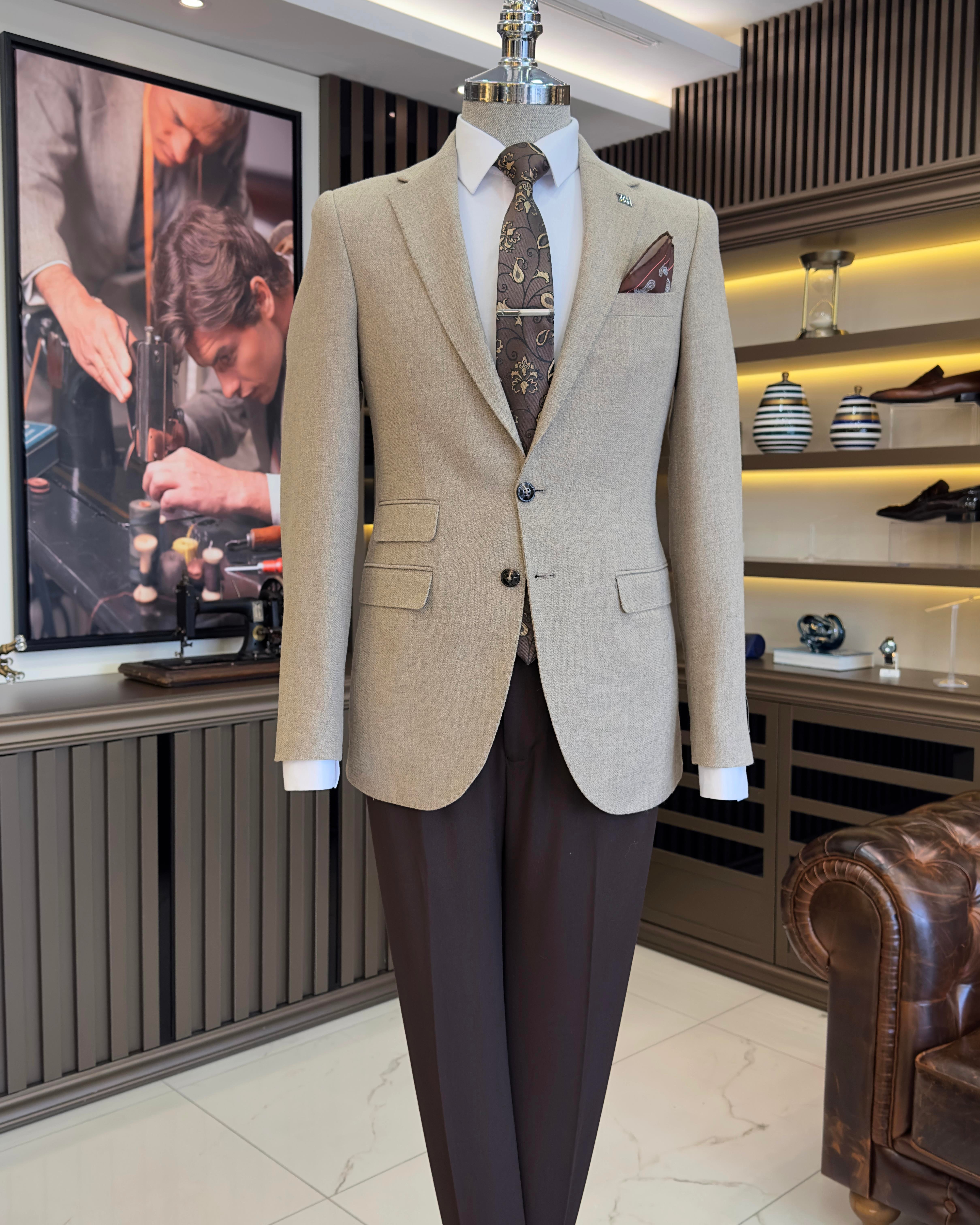 İtalyan stil slim fit 8 drop mono yaka erkek ceket bej T10980