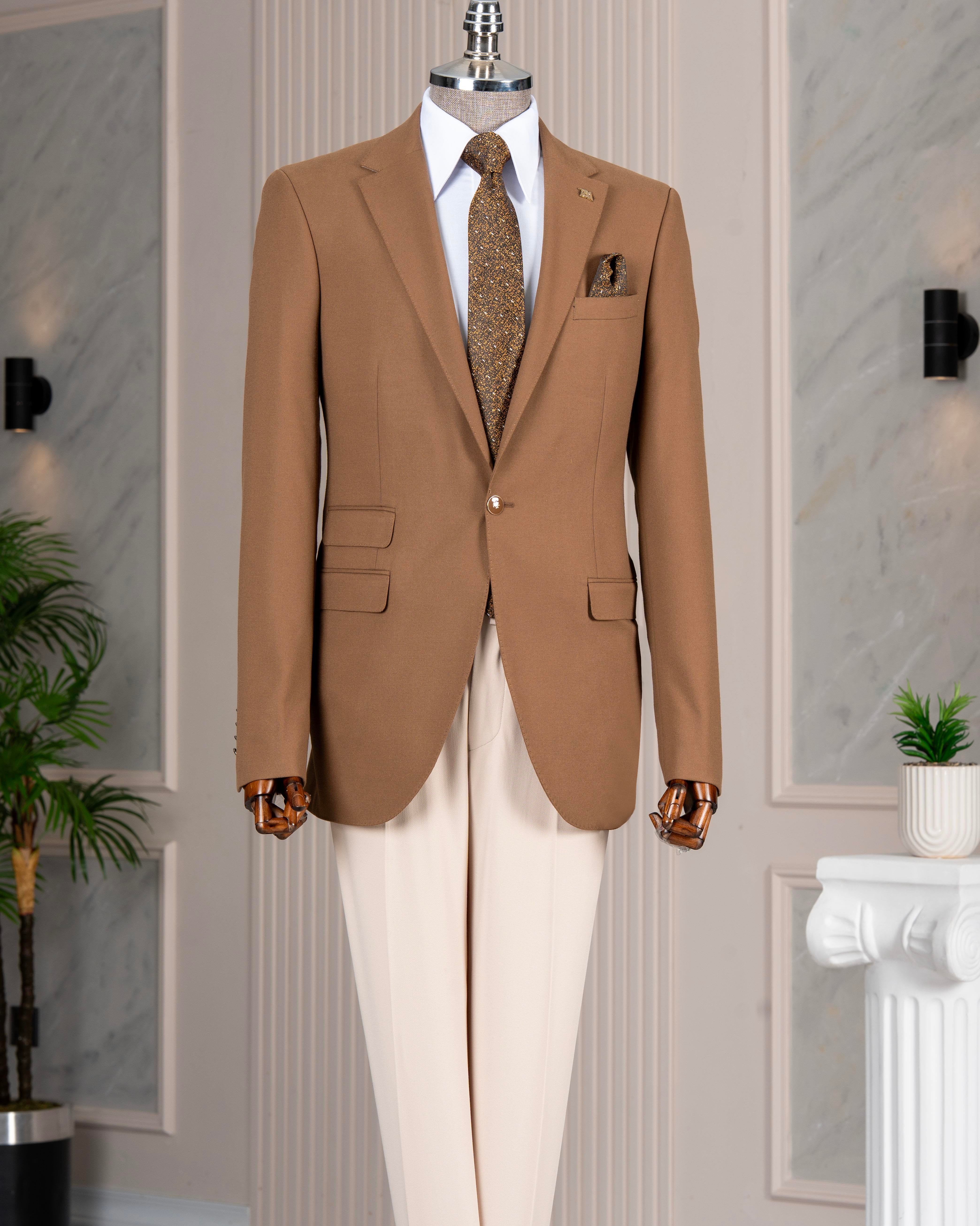 İtalyan stil slim fit 8 drop mono yaka erkek ceket kahverengi T10774