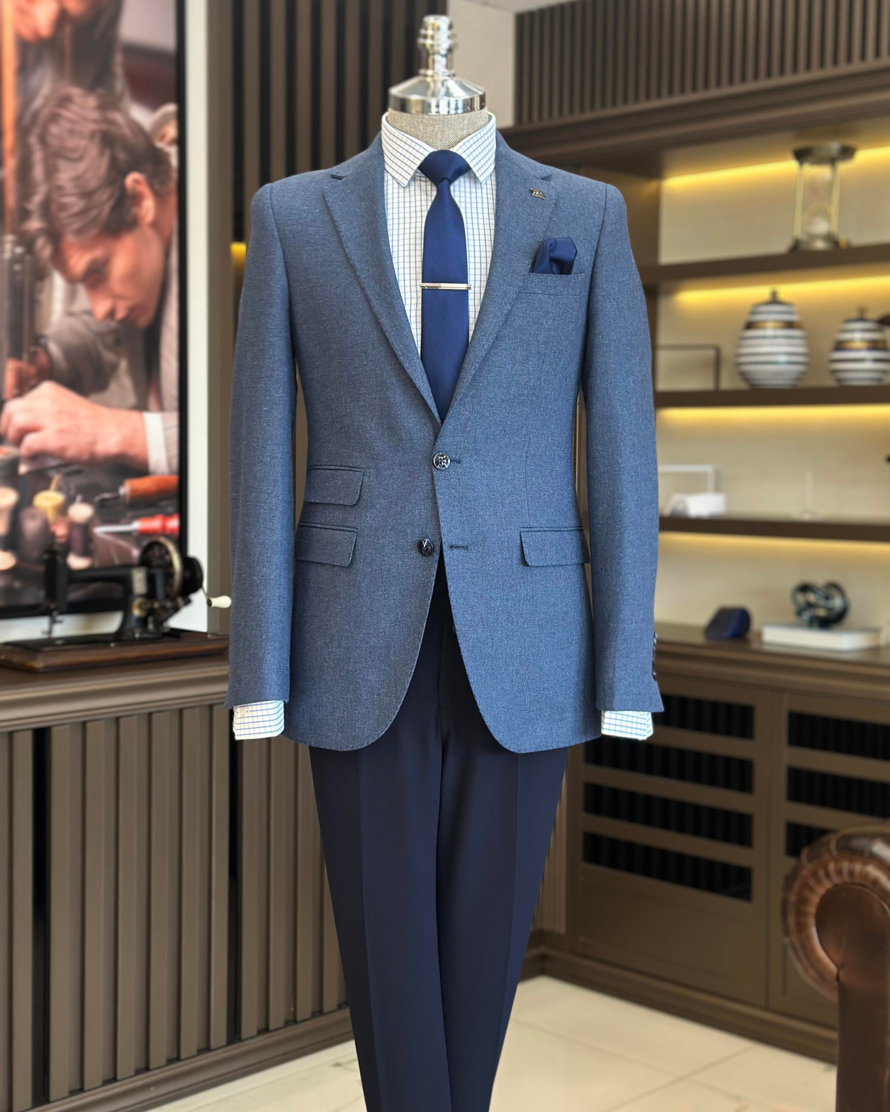 Italian style slim fit 8 drop mono collar men's jacket blue T10986