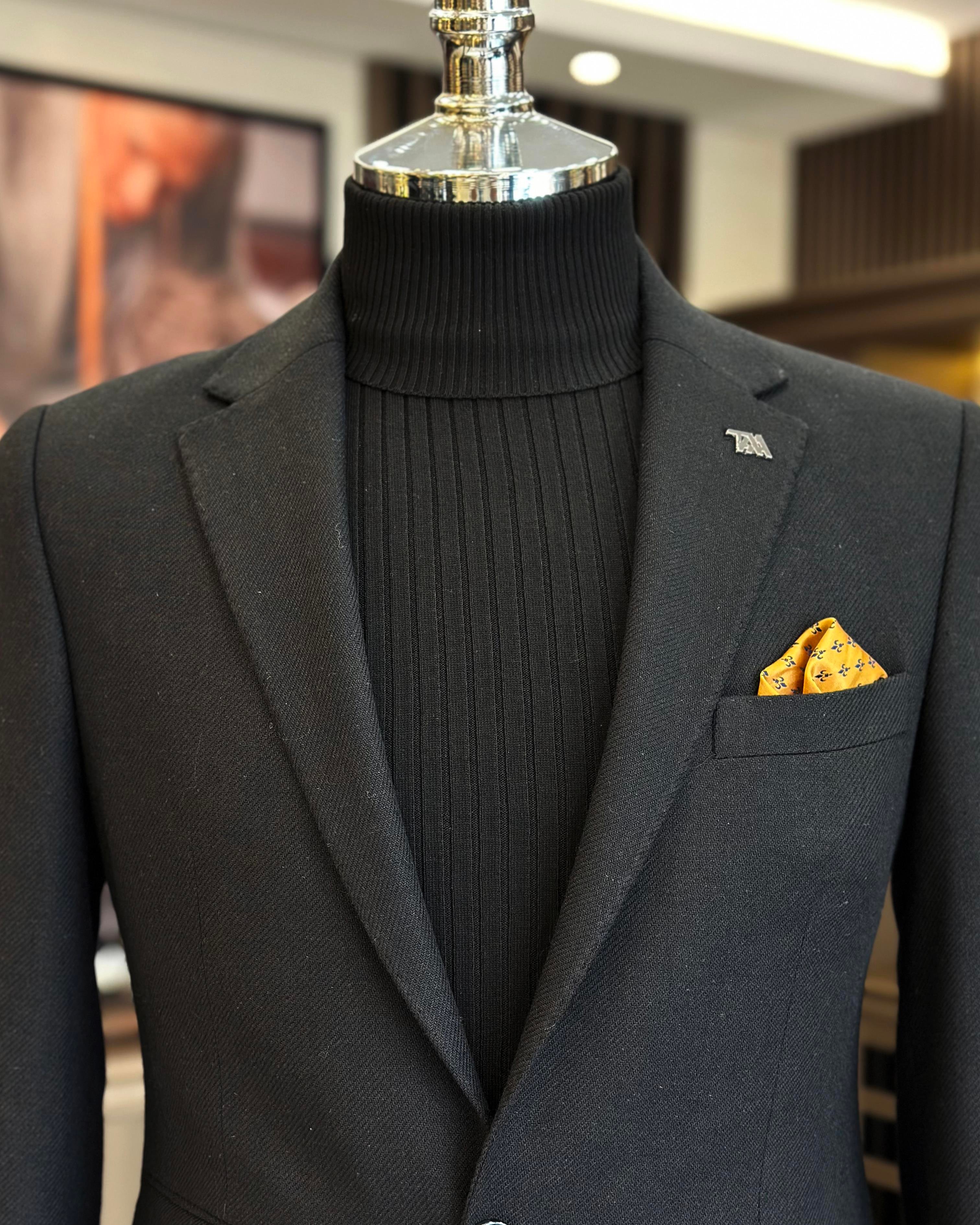 Italian style slim fit 8 drop mono collar men's jacket black T10989