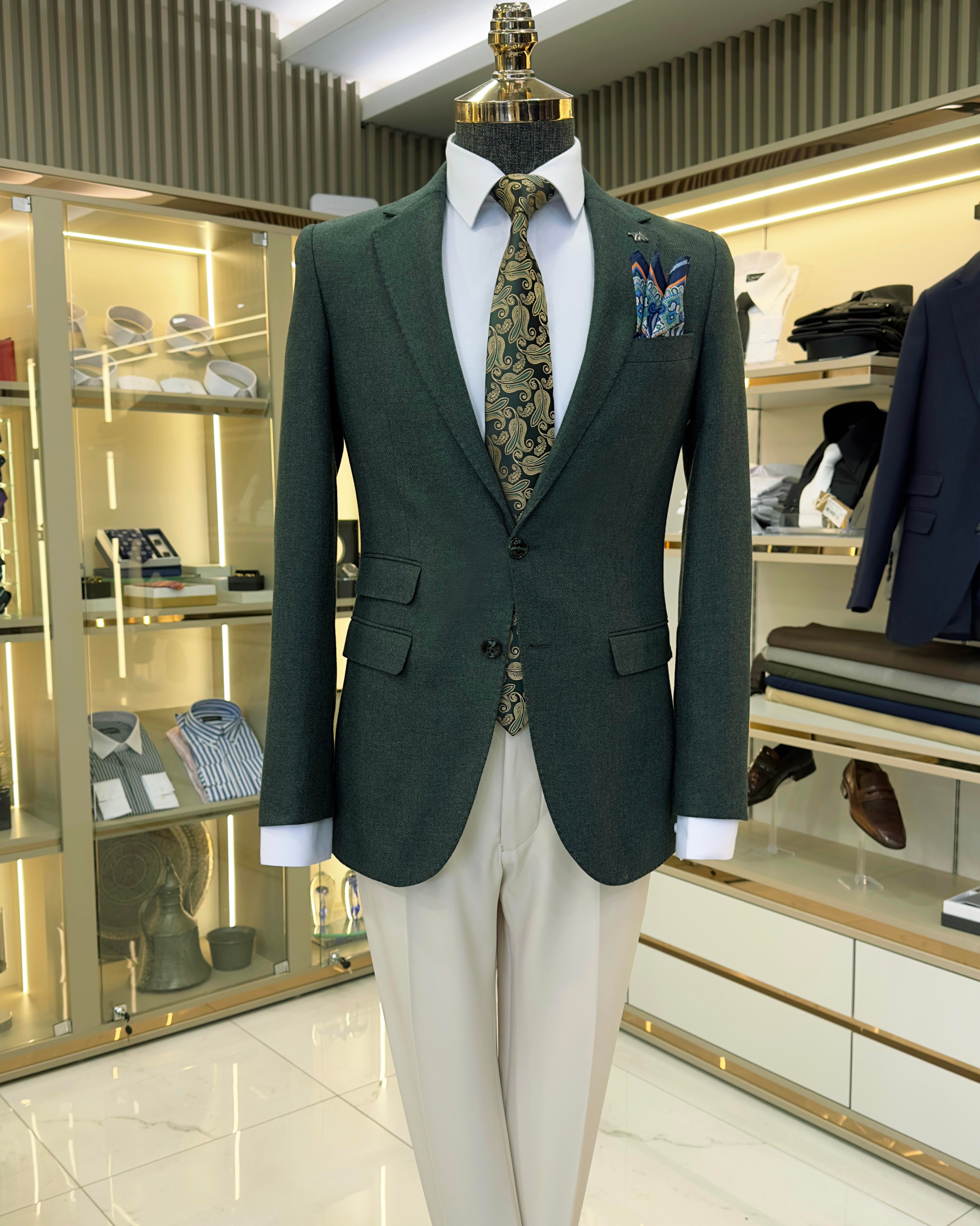 İtalyan stil slim fit 8 drop mono yaka erkek ceket yeşil T10979