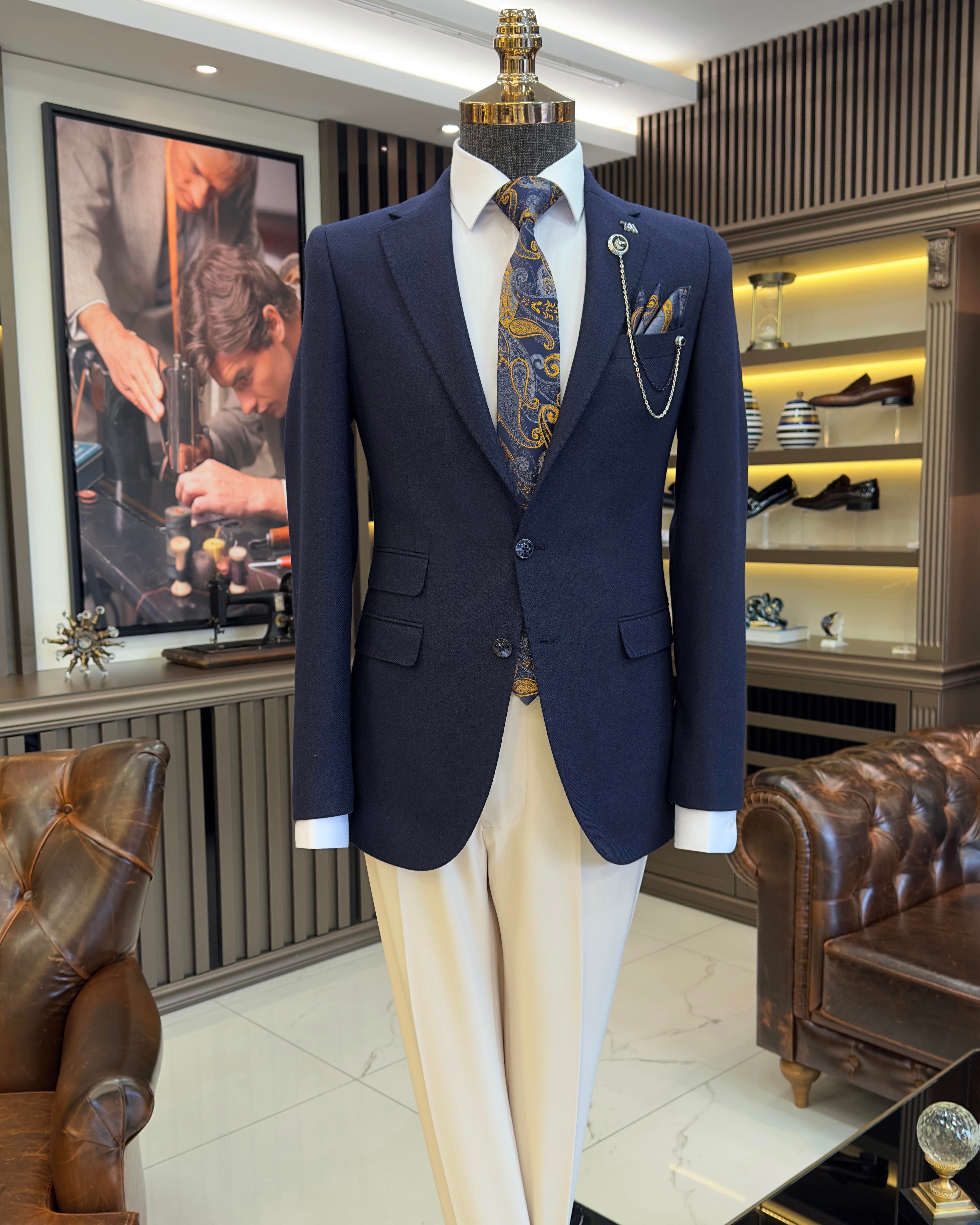 Italian style slim fit 8 drop mono collar men's jacket navy blue T10988