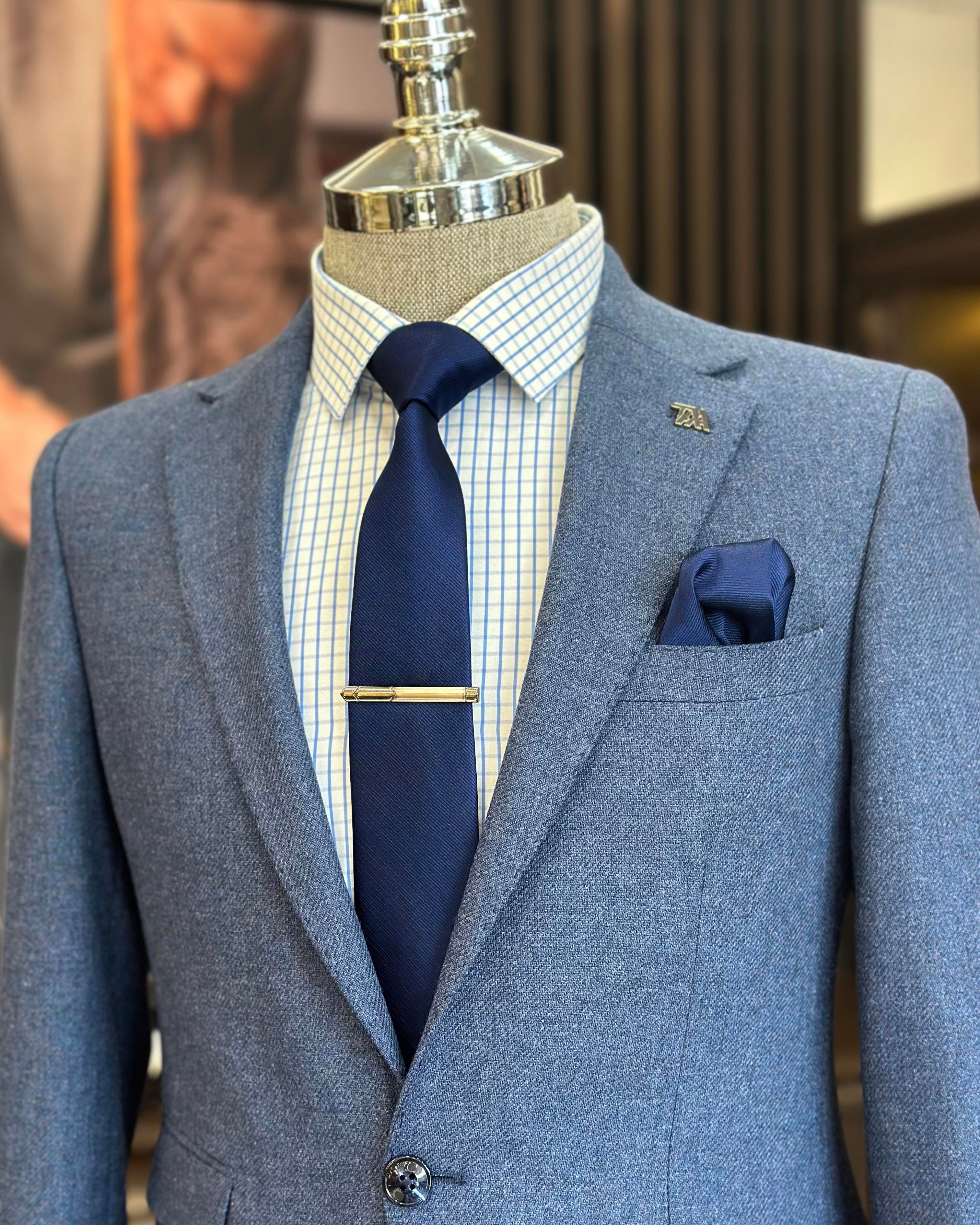 Italian style slim fit 8 drop mono collar men's jacket blue T10986