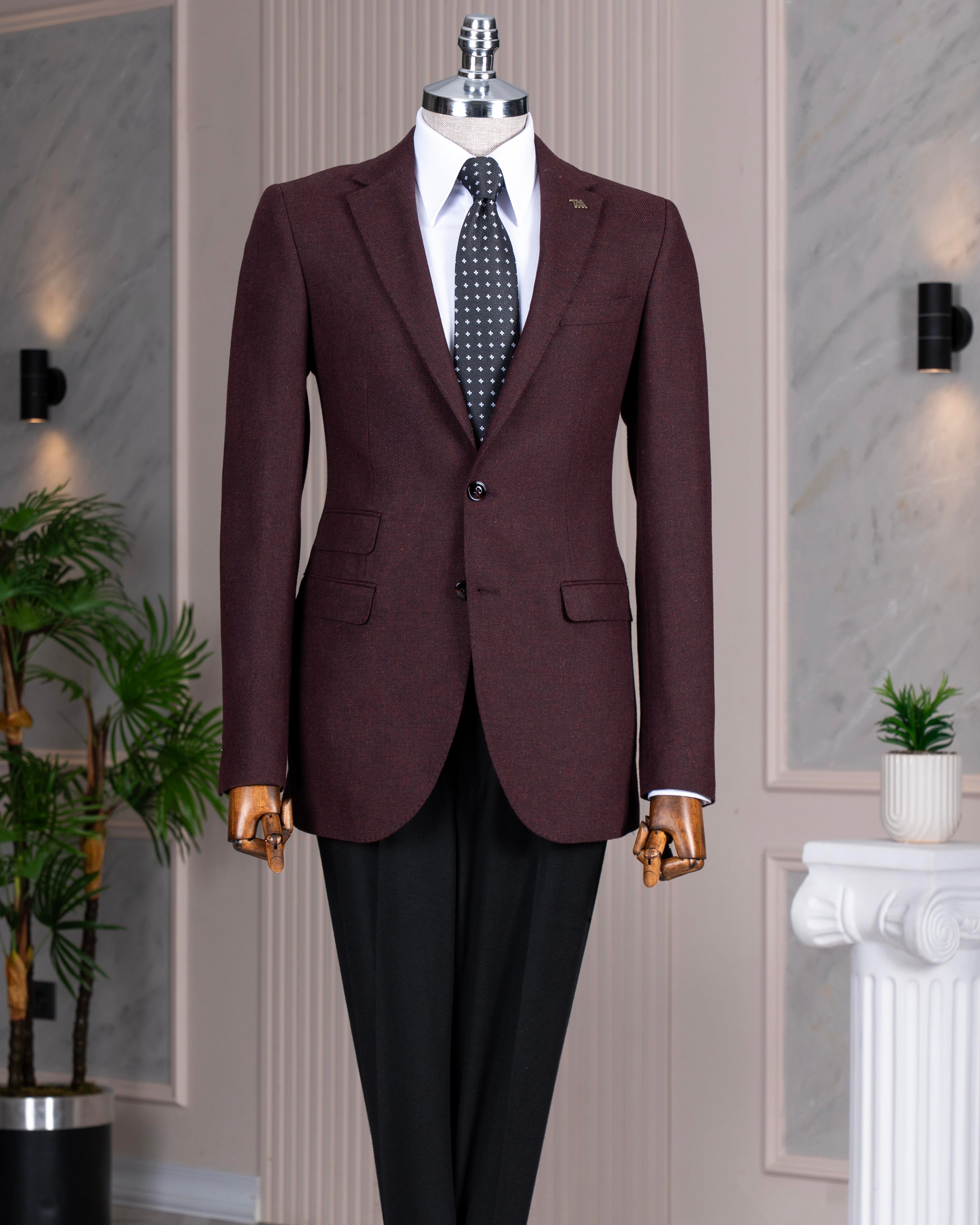 İtalyan stil slim fit 8 drop mono yaka erkek ceket bordo T10983