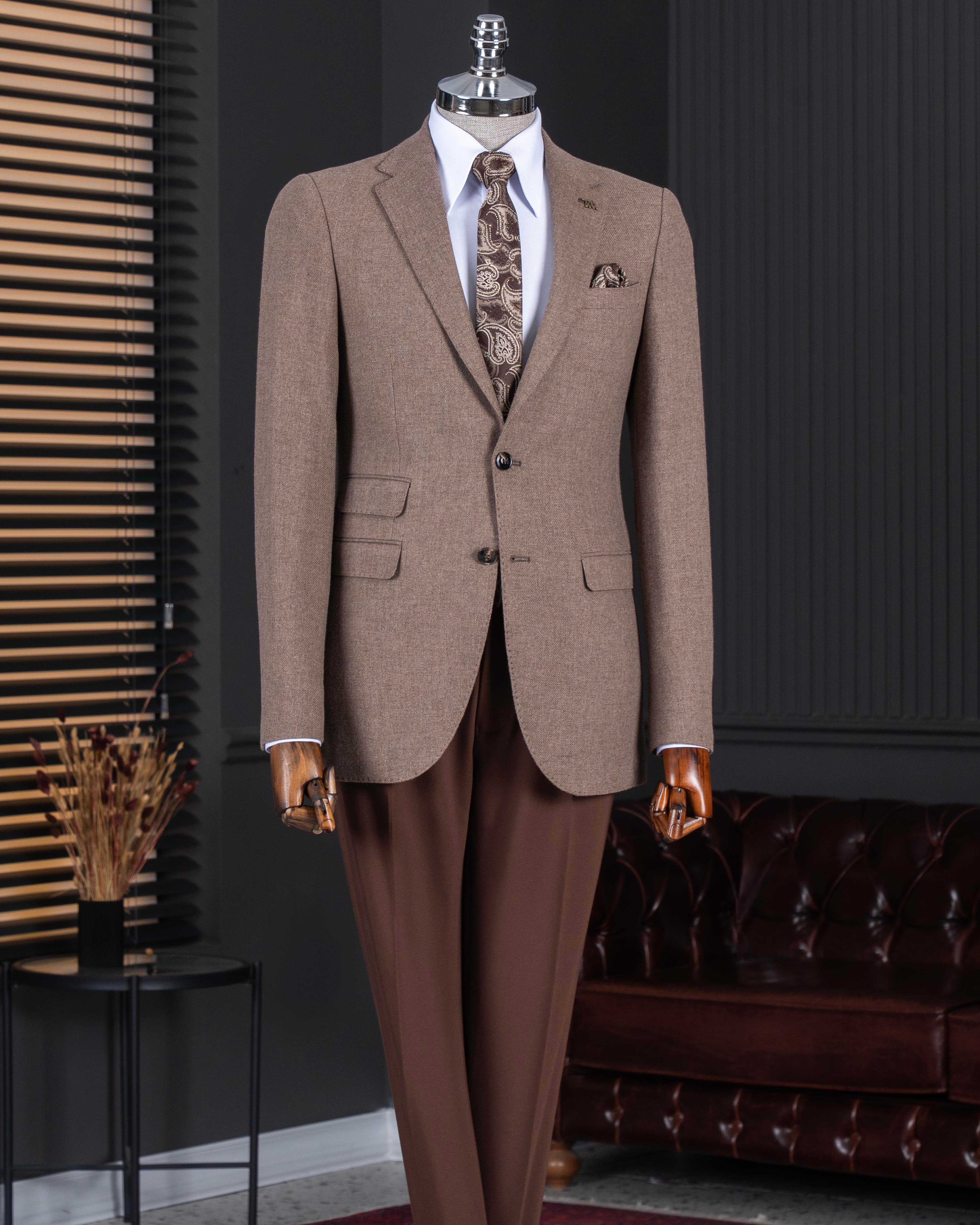 İtalyan stil slim fit 8 drop mono yaka erkek ceket vizon T10981