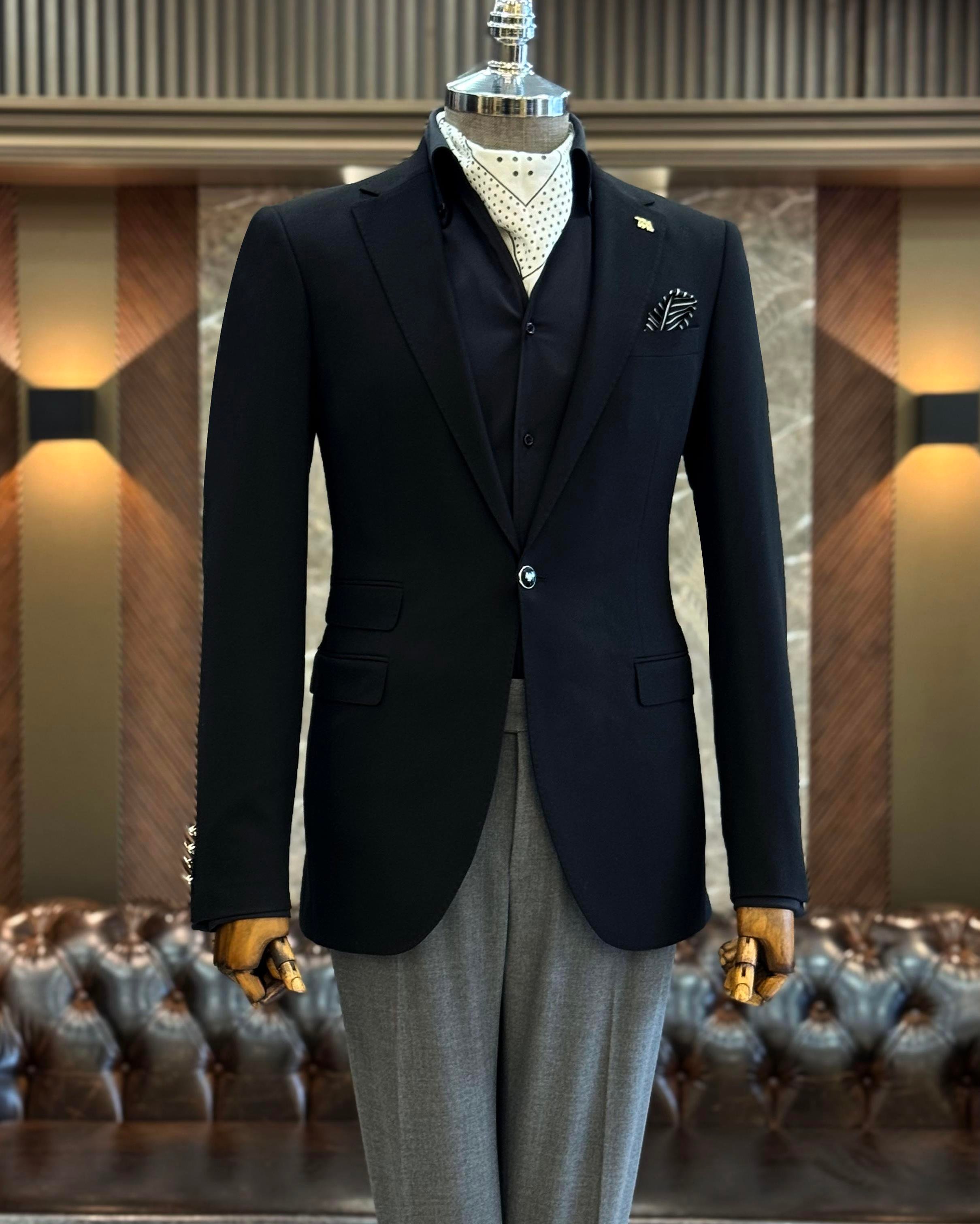 İtalyan stil slim fit 8 drop mono yaka erkek ceket siyah T10773