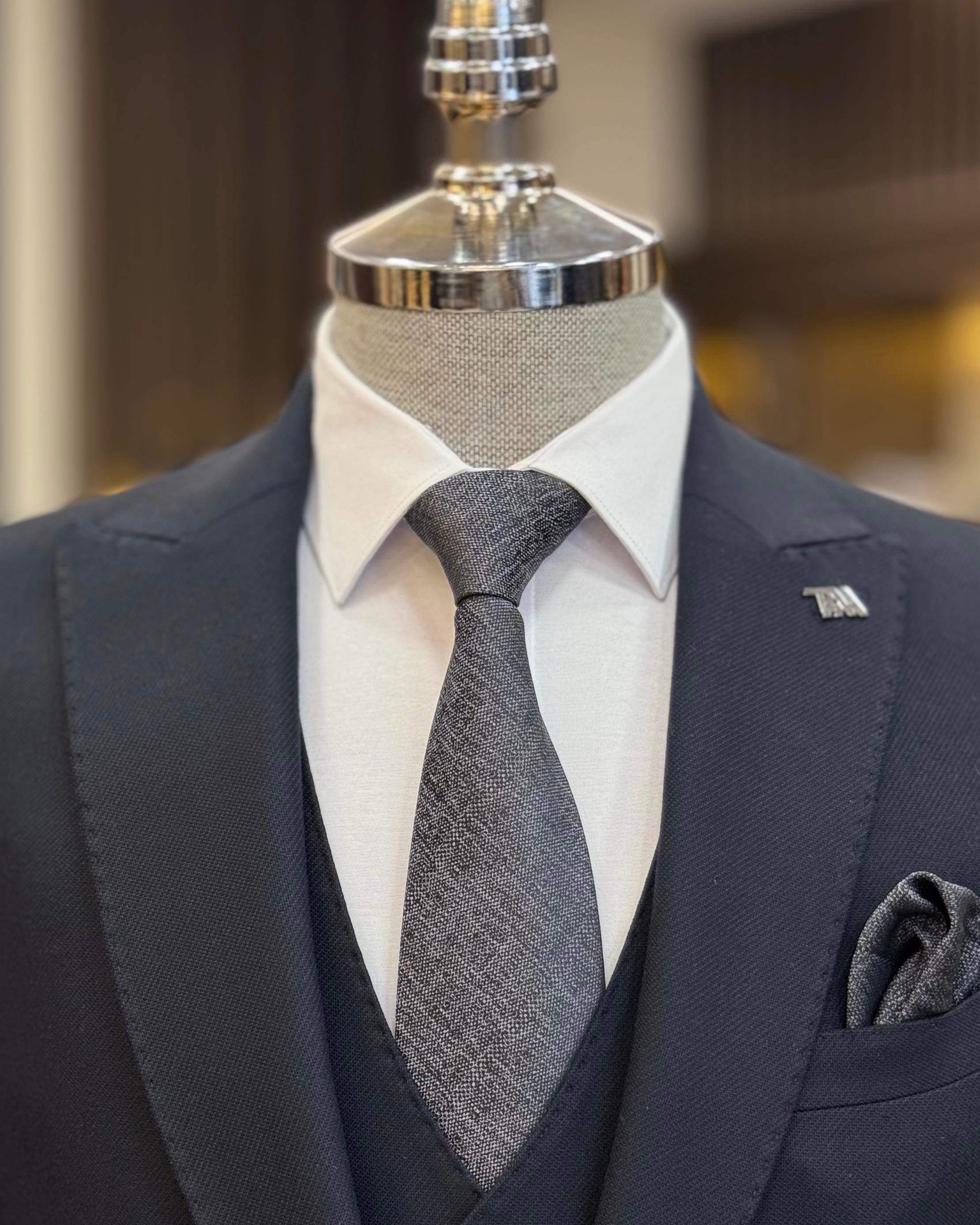  Italian style slim fit dobby patterned jacket vest trouser suit navy blue T11489