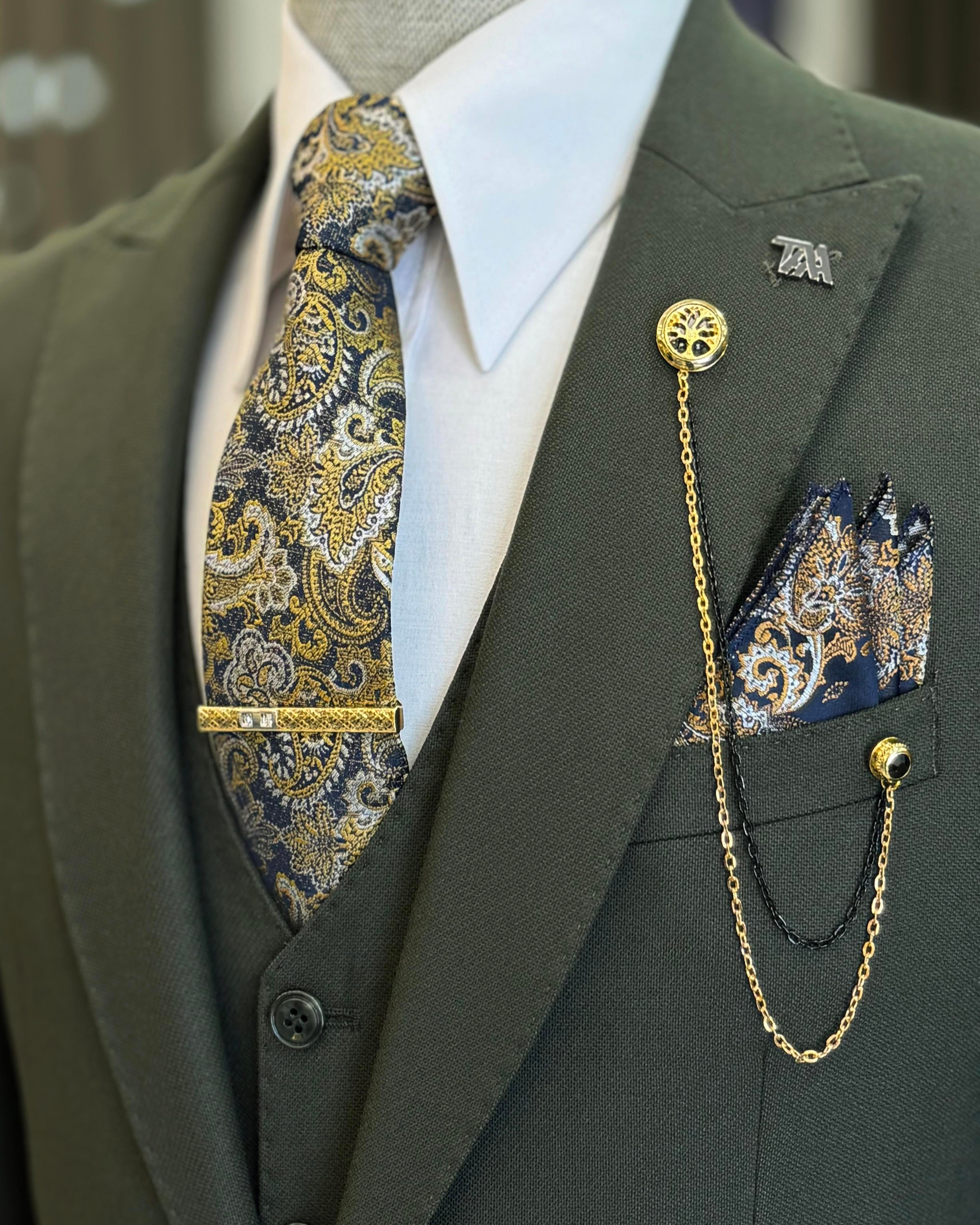  Italian style slim fit dobby patterned jacket vest trouser suit green T11488