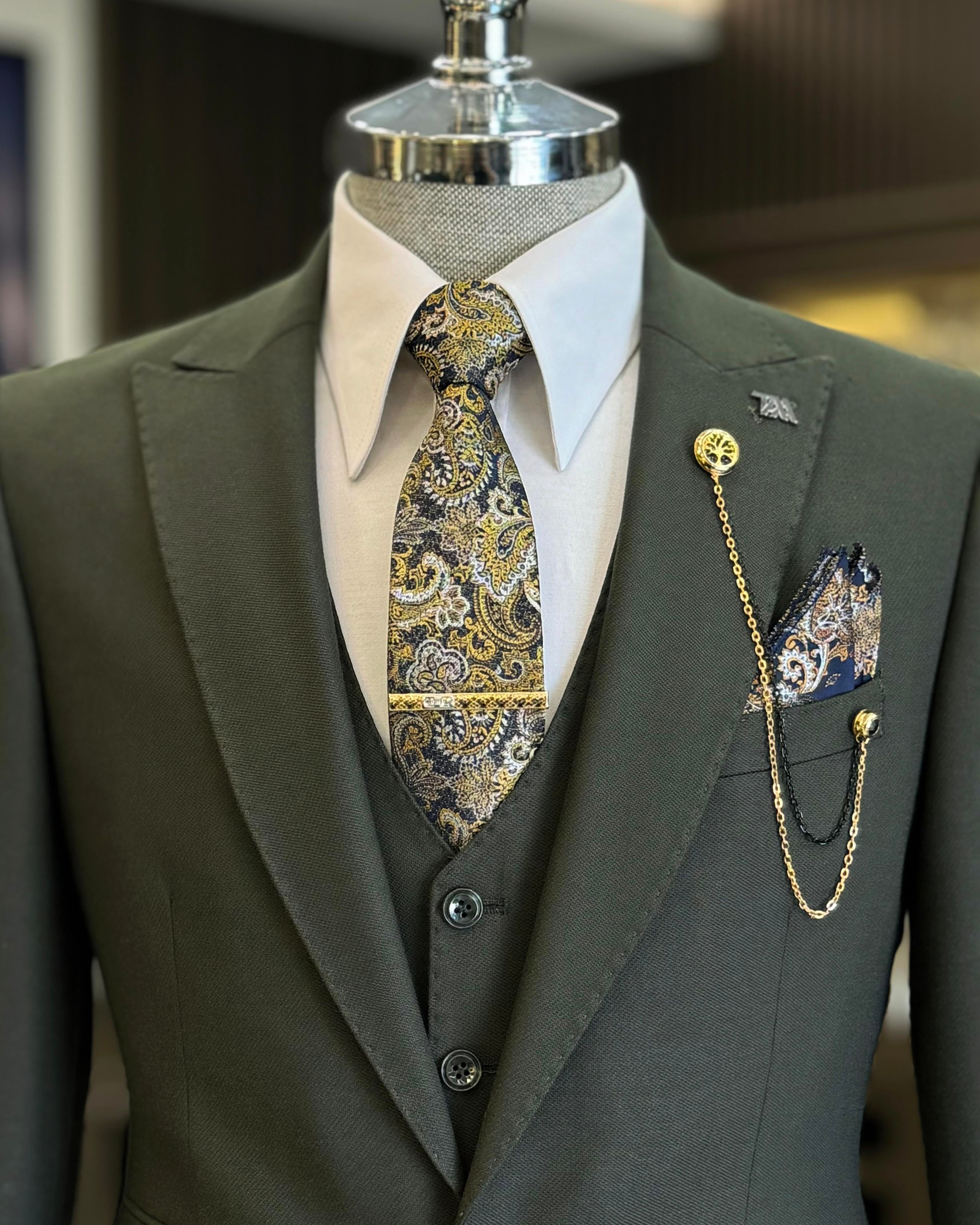  Italian style slim fit dobby patterned jacket vest trouser suit green T11488