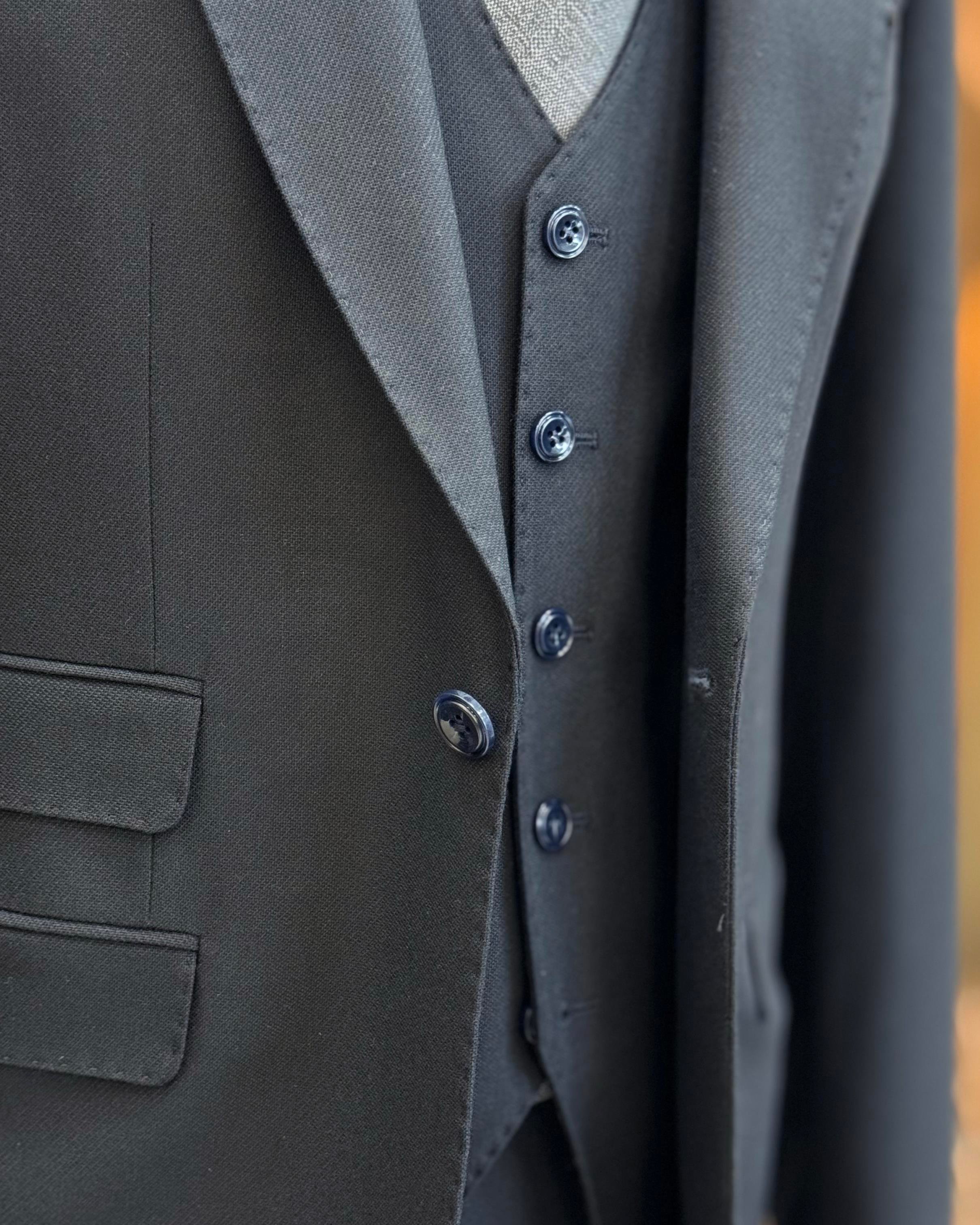  Italian style slim fit dobby patterned jacket vest trouser suit navy blue T11489