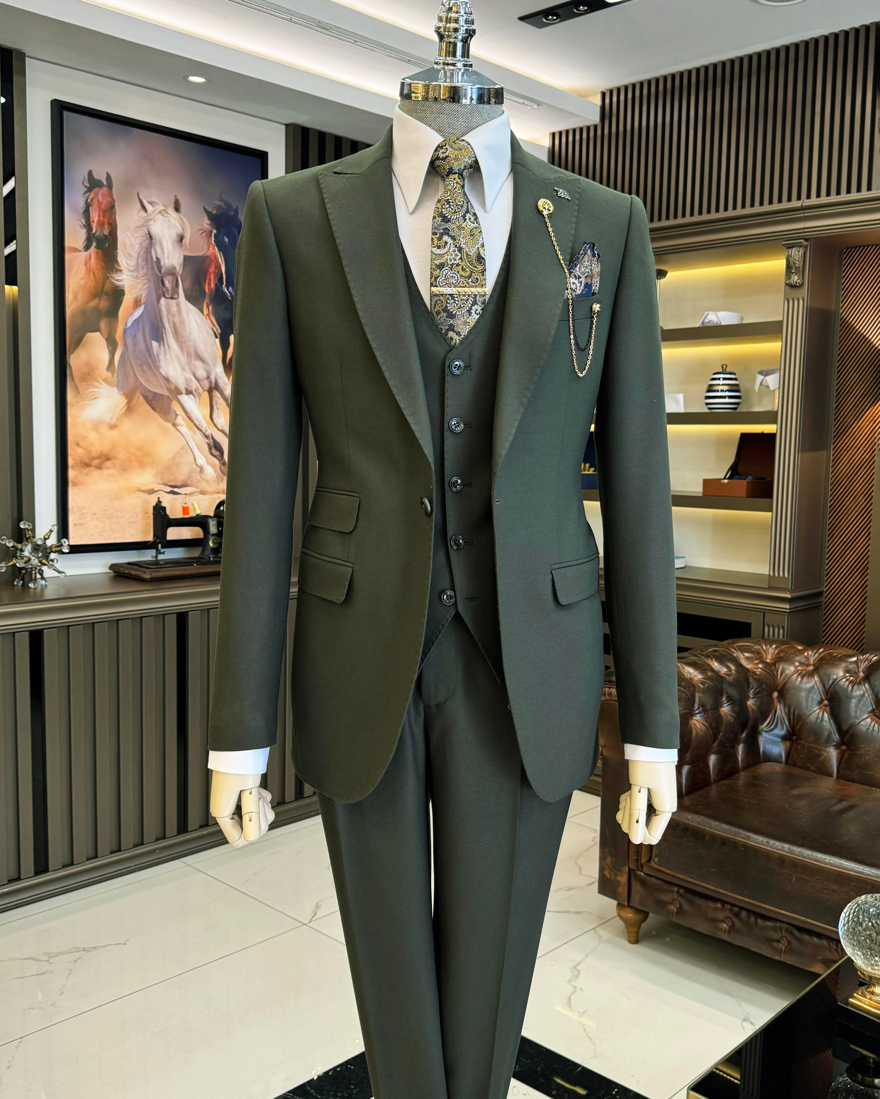  Italian style slim fit dobby patterned jacket vest trouser suit green T11488