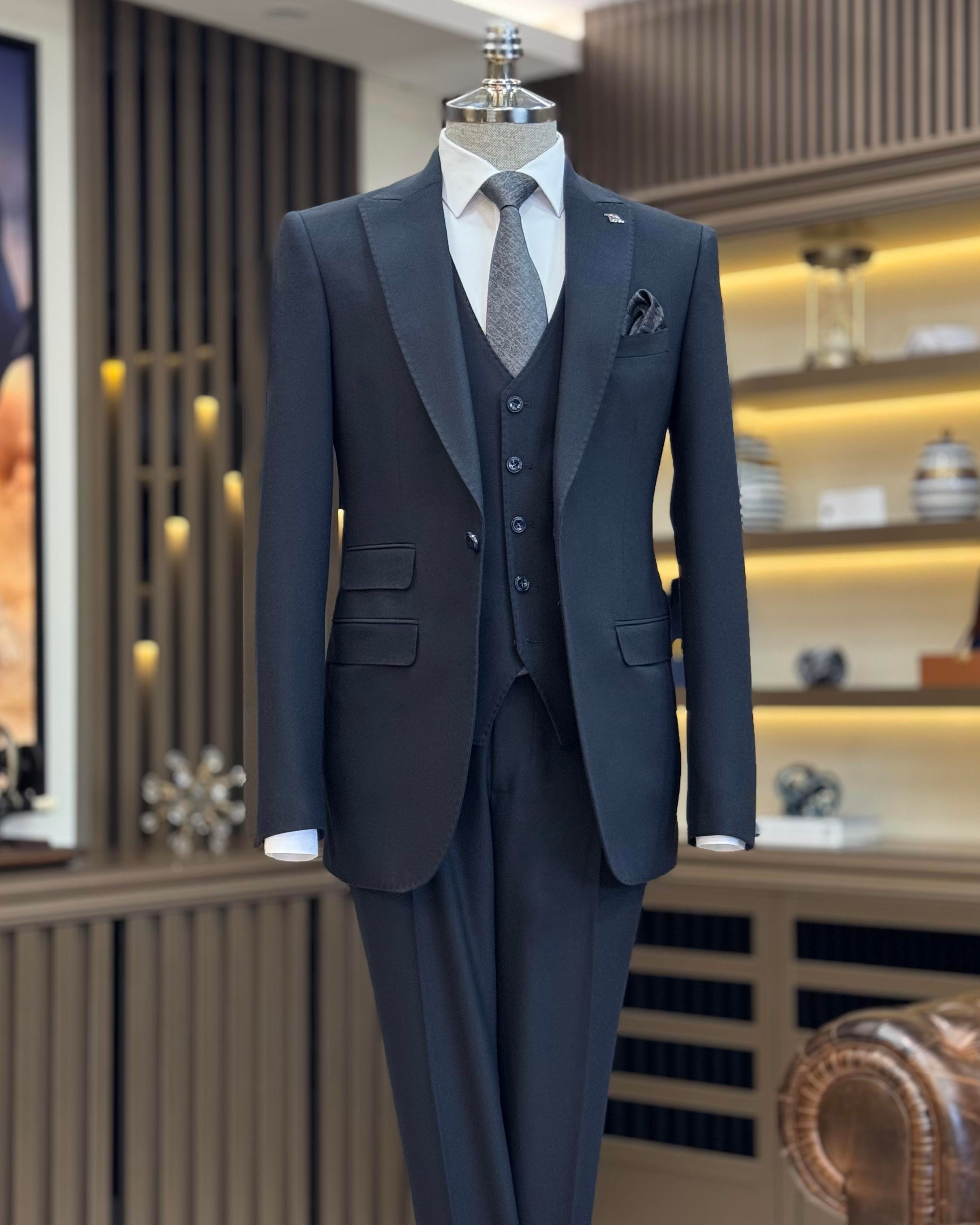  Italian style slim fit dobby patterned jacket vest trouser suit navy blue T11489