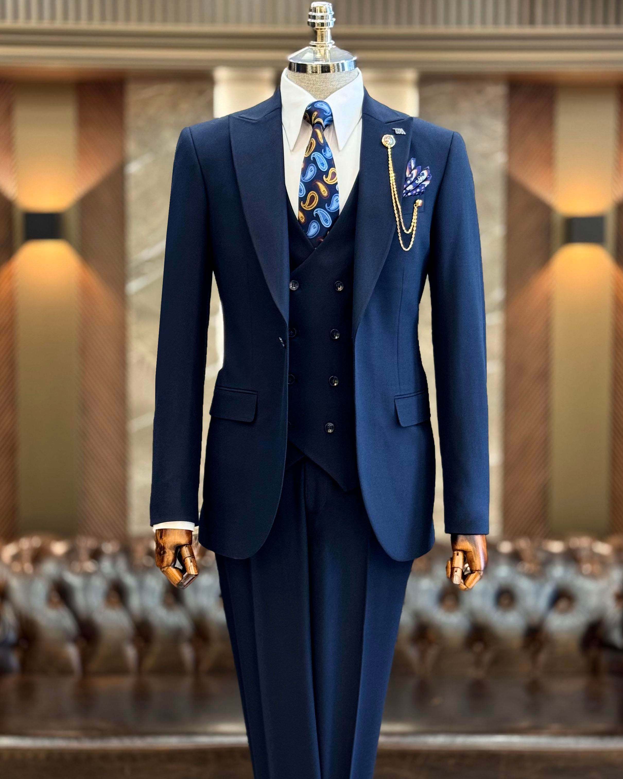 İtalyan stil slim fit armürlü ceket yelek pantolon takım elbise lacivert T11539