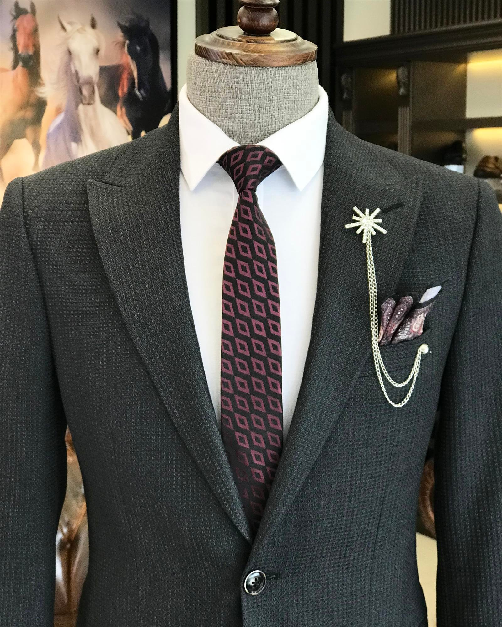 İtalyan stil slim fit armürlü erkek ceket antrasit T9660