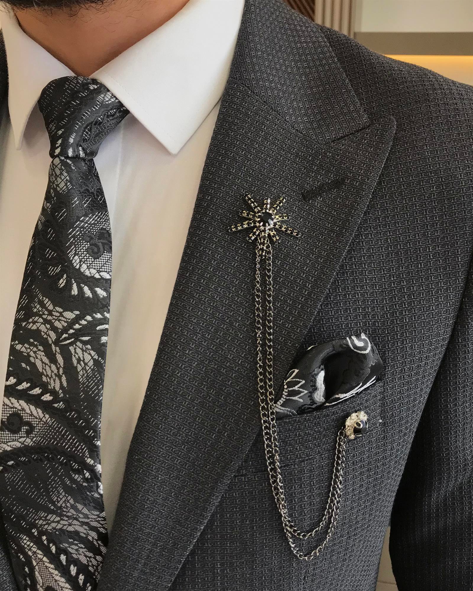 İtalyan stil slim fit armürlü erkek ceket antrasit T9660
