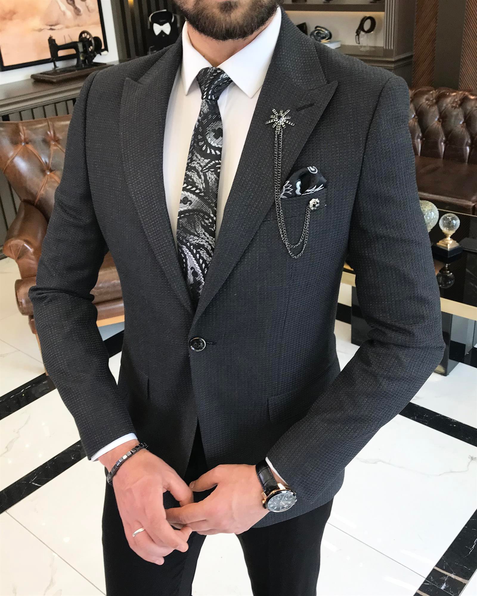 İtalyan stil slim fit armürlü erkek ceket antrasit T9660