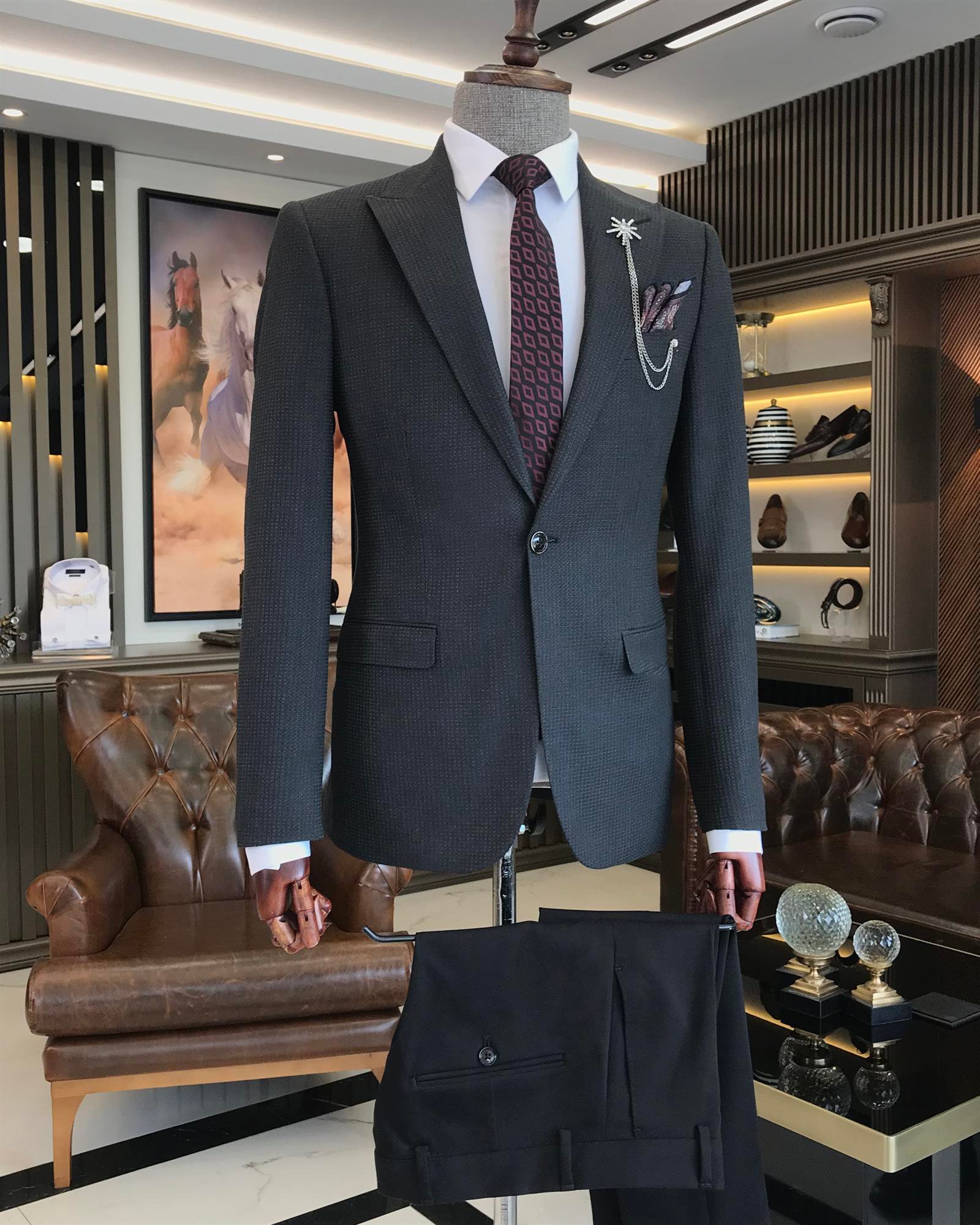 İtalyan stil slim fit armürlü erkek ceket antrasit T9660