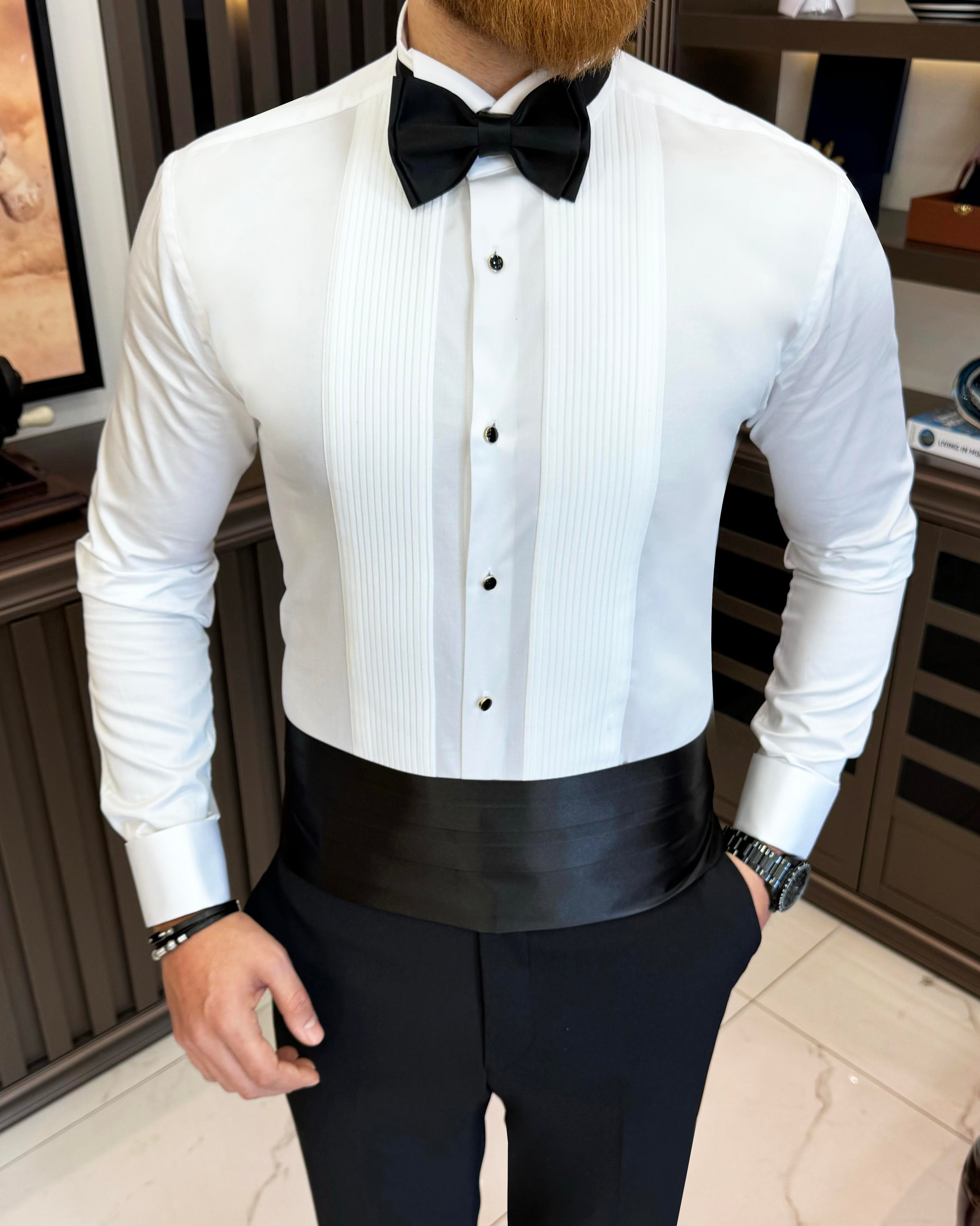 İtalyan stil slim fit ata yaka pliseli erkek gömlek beyaz T11603