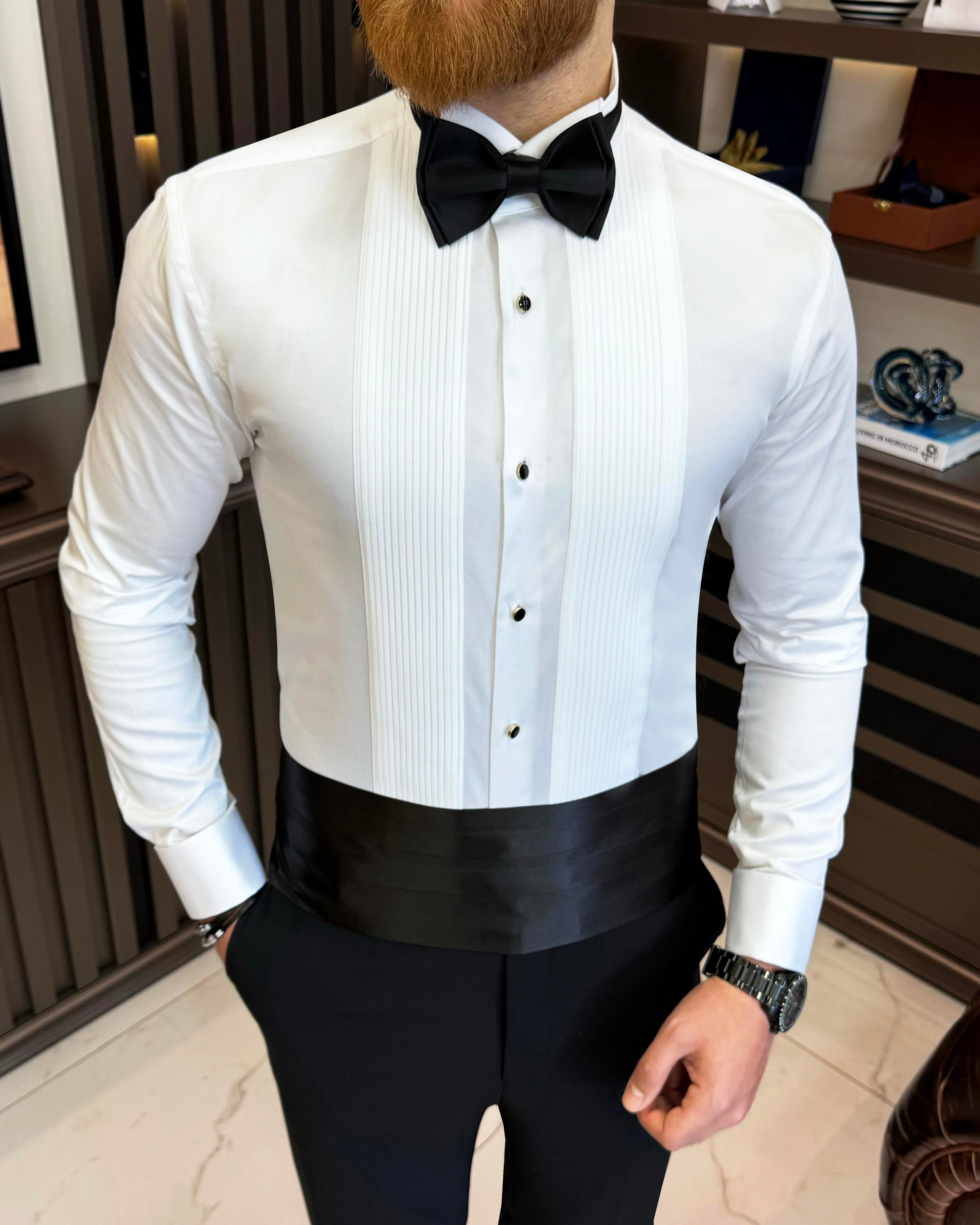 İtalyan stil slim fit ata yaka pliseli erkek gömlek beyaz T11603