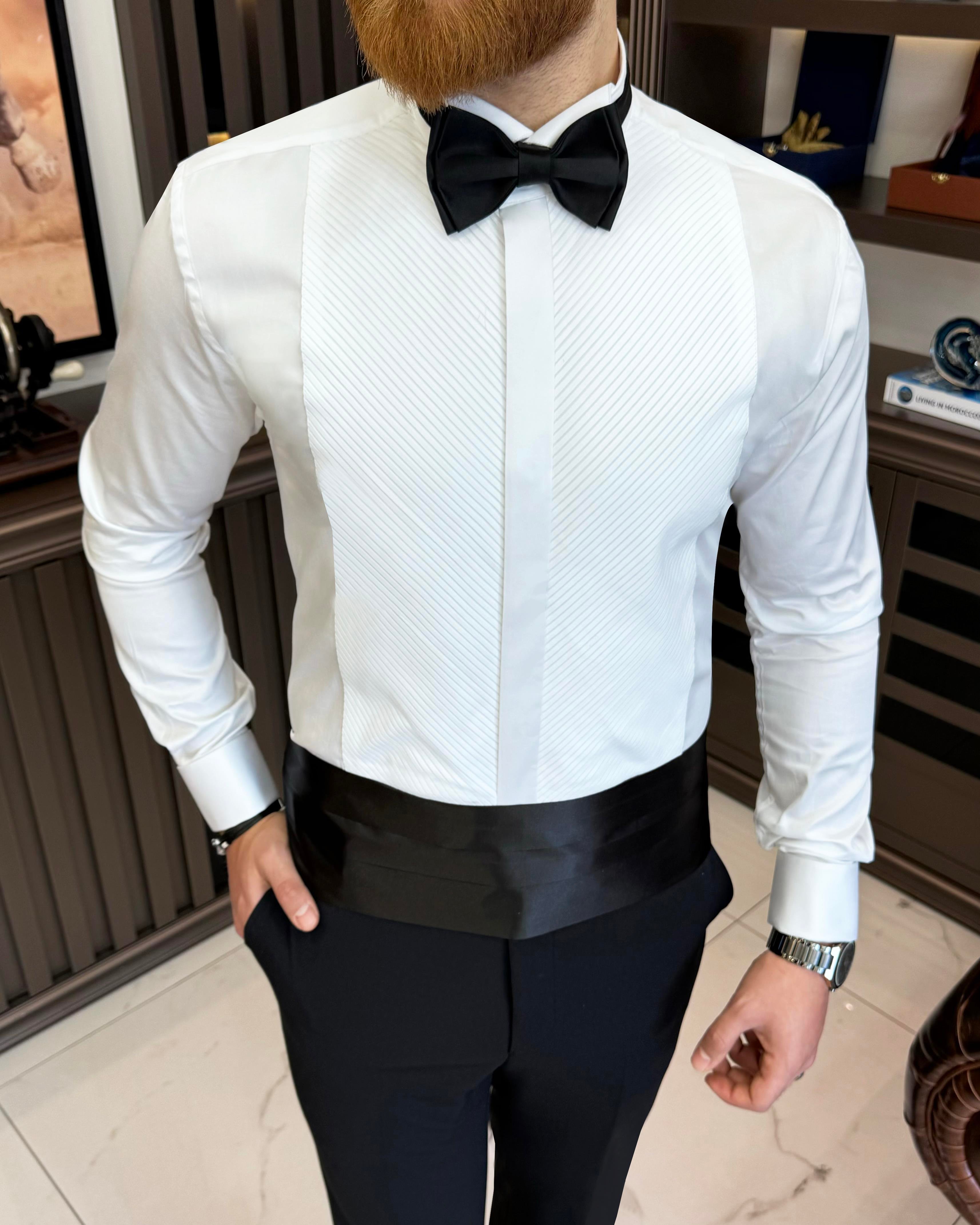 Italian style slim fit collar pleated men's shirt white T11602