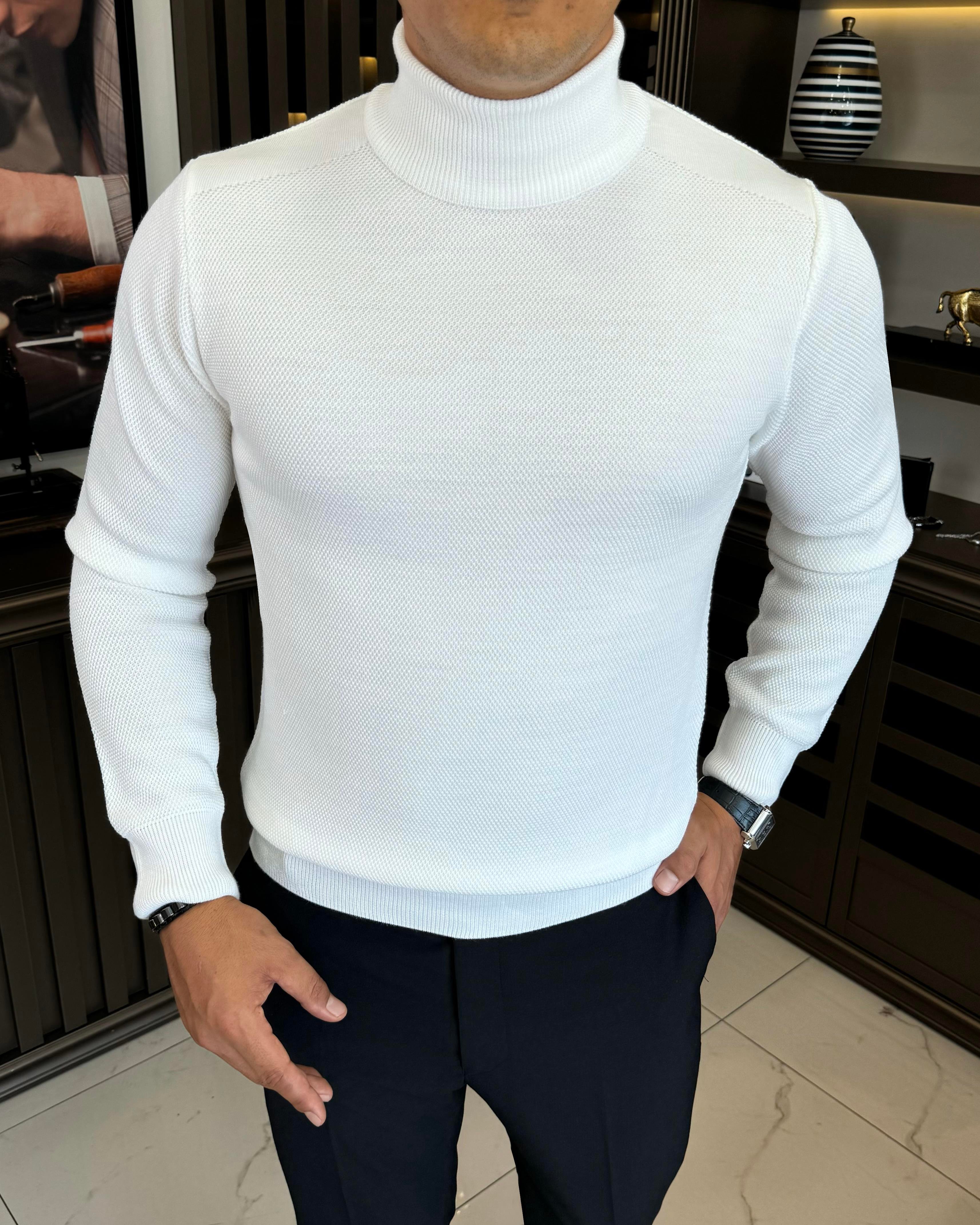 İtalyan stil slim fit balıkçı yaka triko erkek kazak ekru T13222