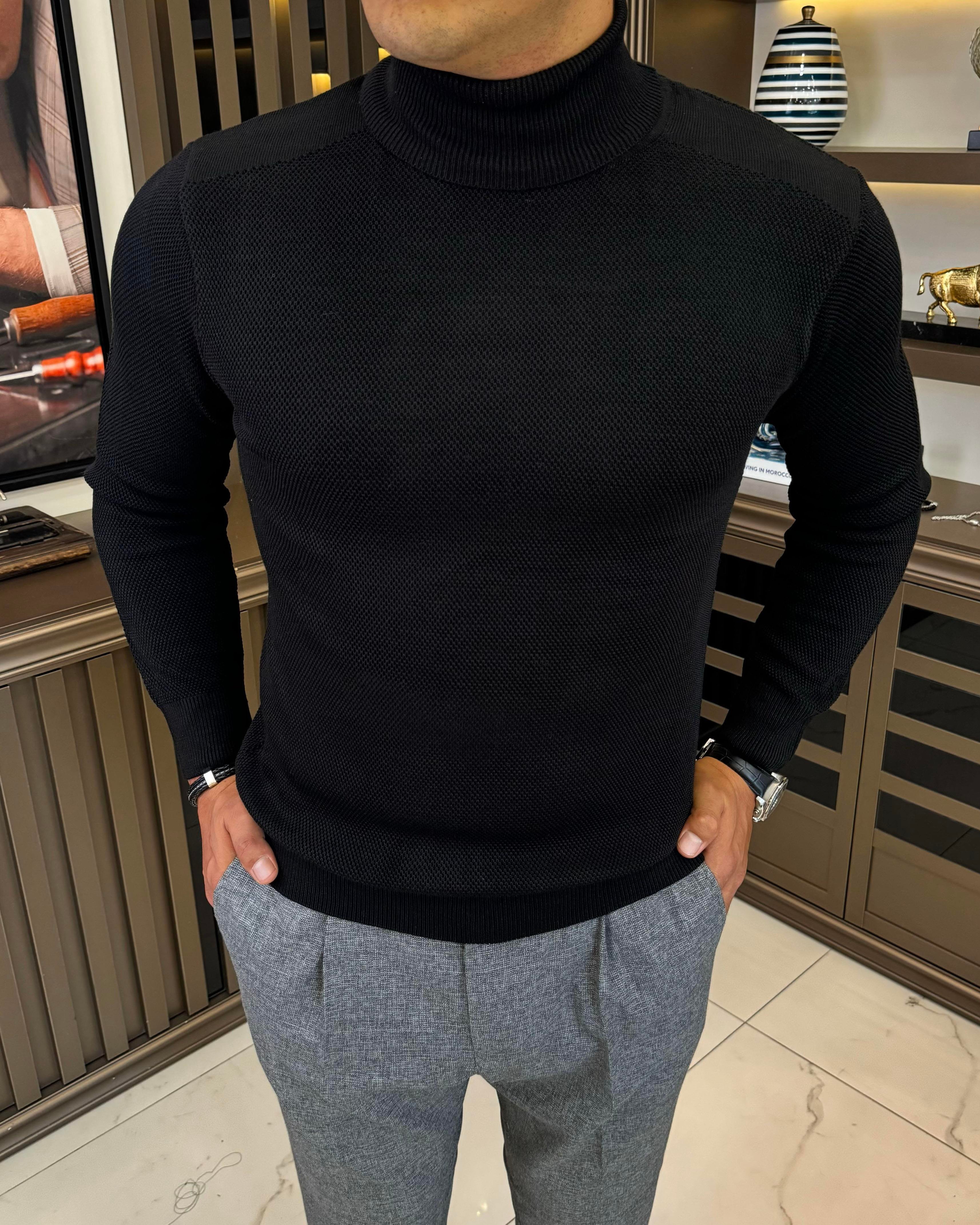 İtalyan stil slim fit balıkçı yaka triko erkek kazak siyah T13226