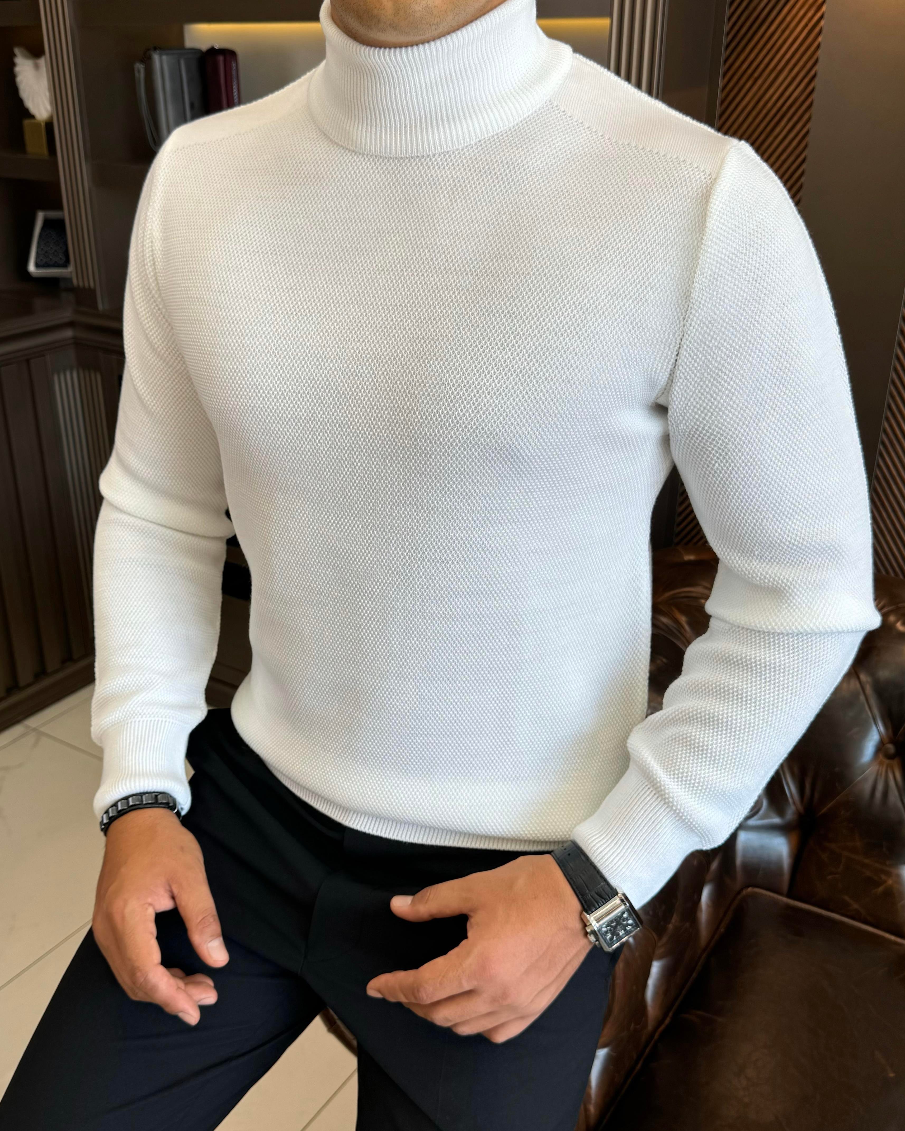 İtalyan stil slim fit balıkçı yaka triko erkek kazak ekru T13222