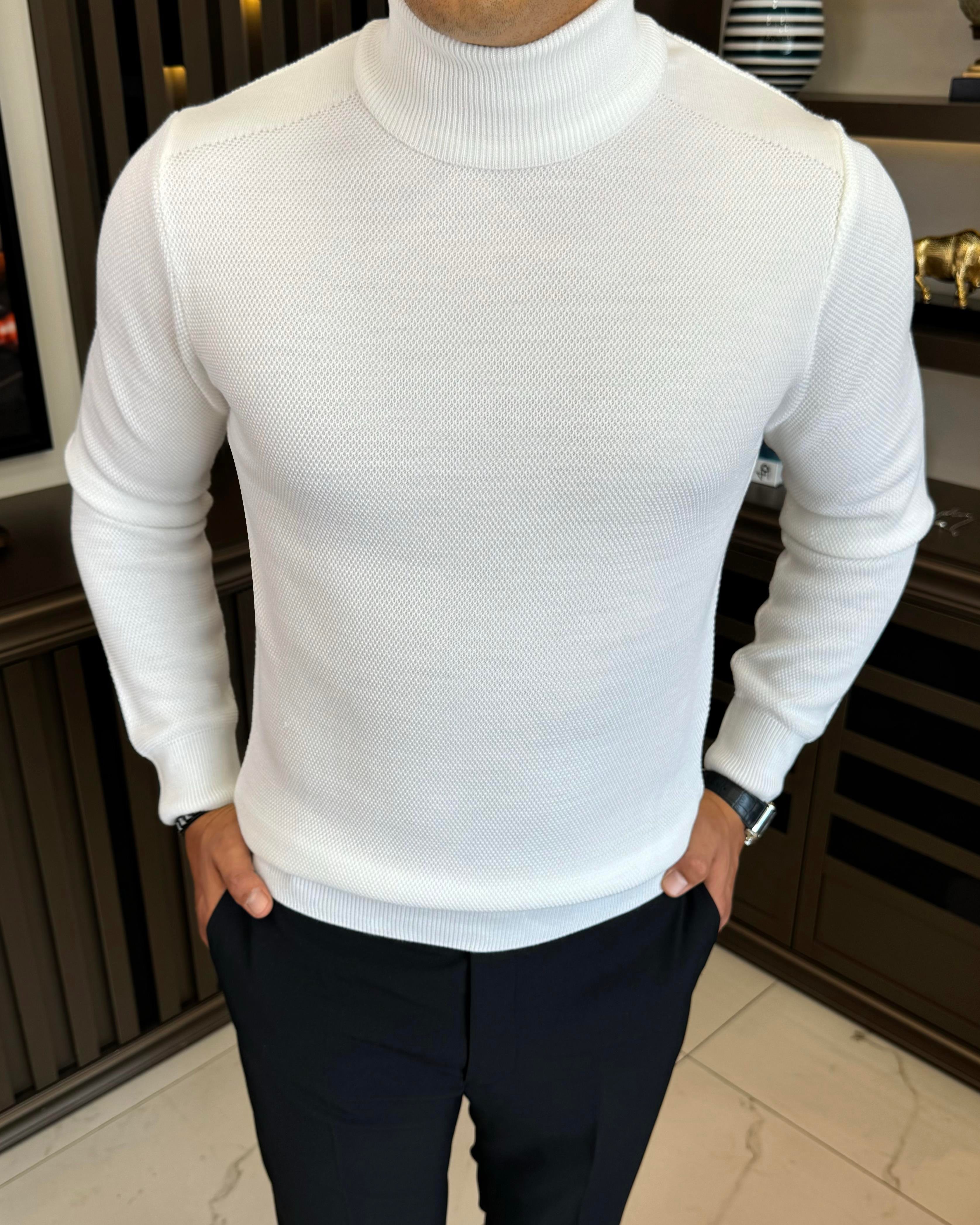 İtalyan stil slim fit balıkçı yaka triko erkek kazak ekru T13222