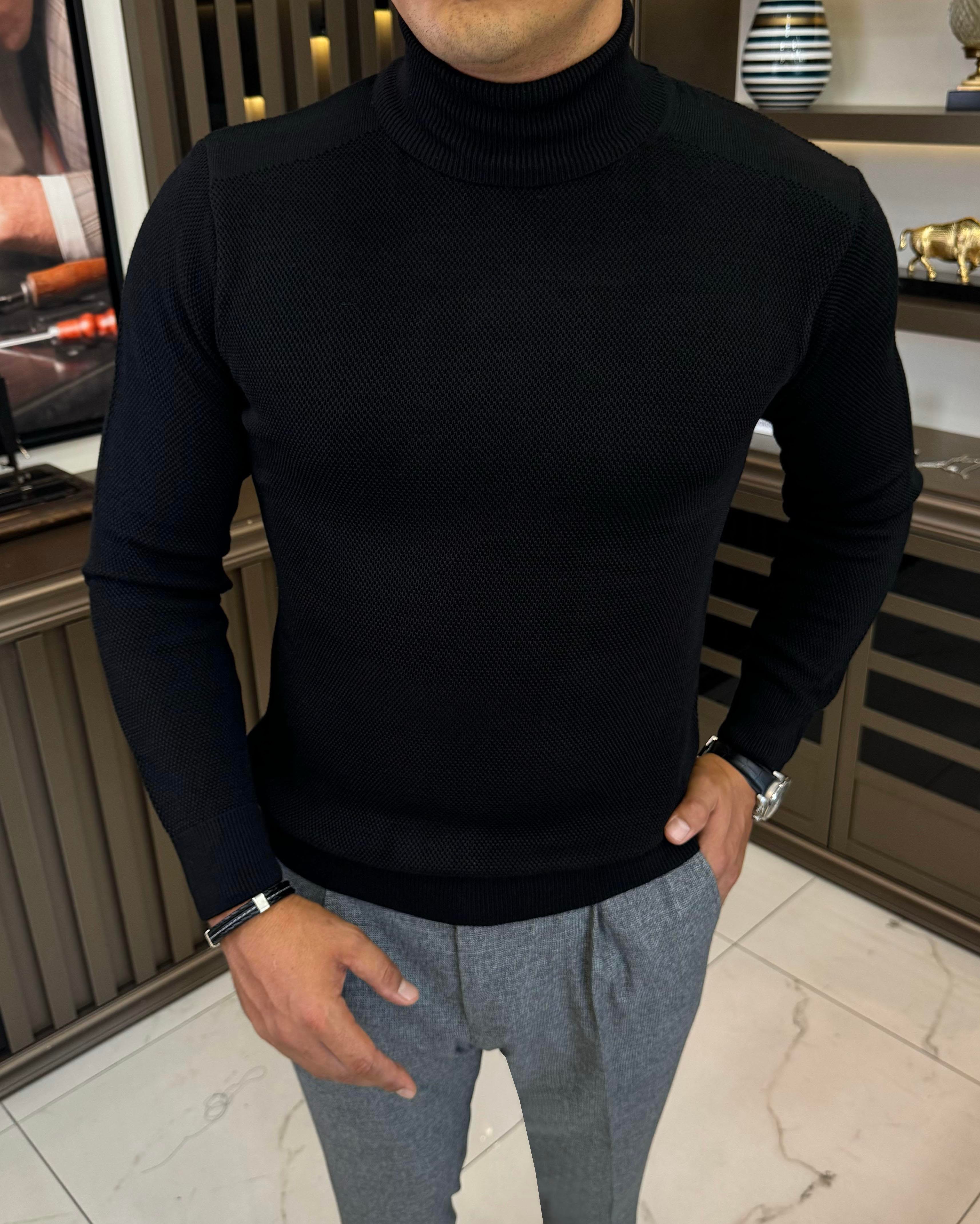 İtalyan stil slim fit balıkçı yaka triko erkek kazak siyah T13226