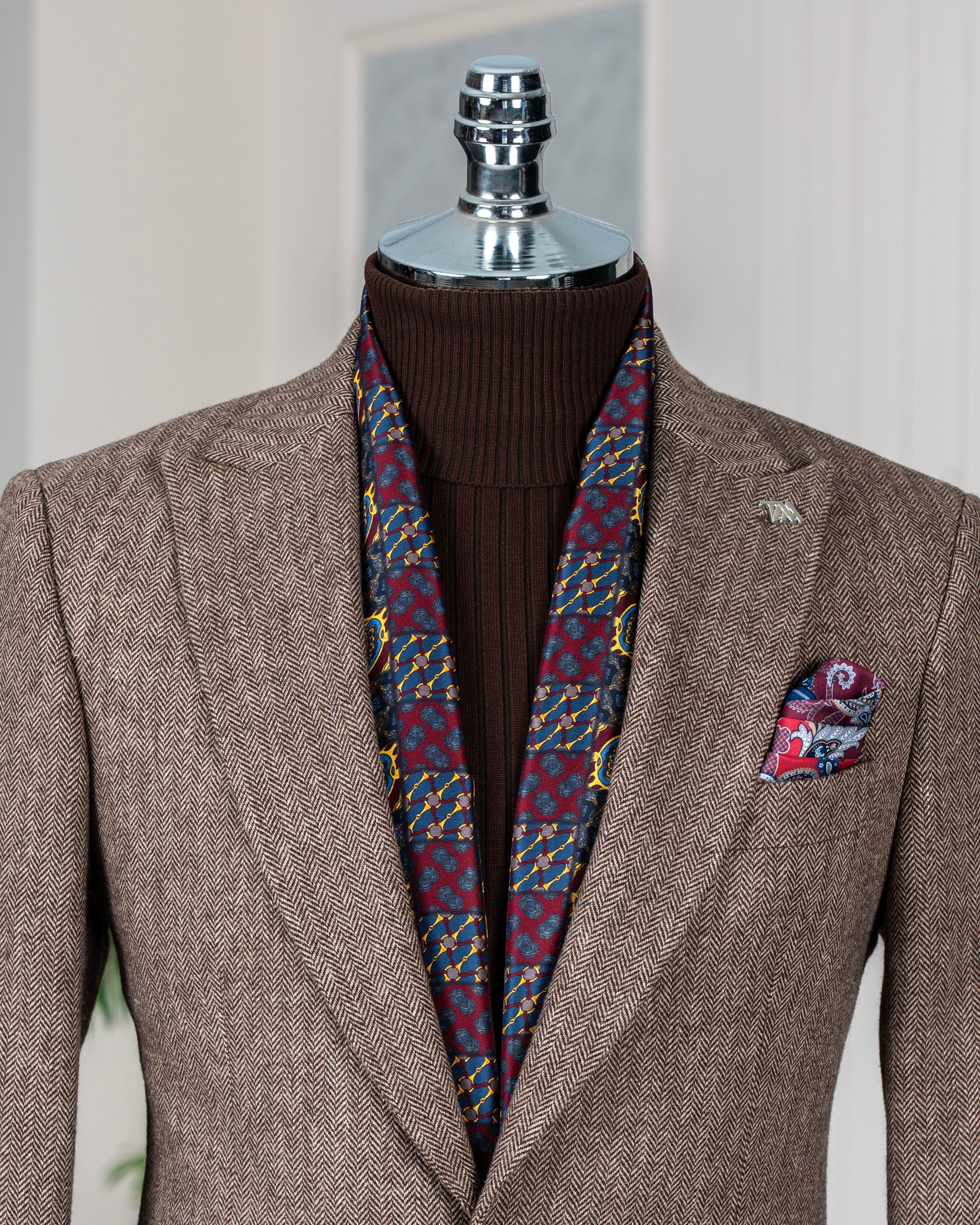 Italian style slim fit herringbone pattern men's single jacket brown T13298