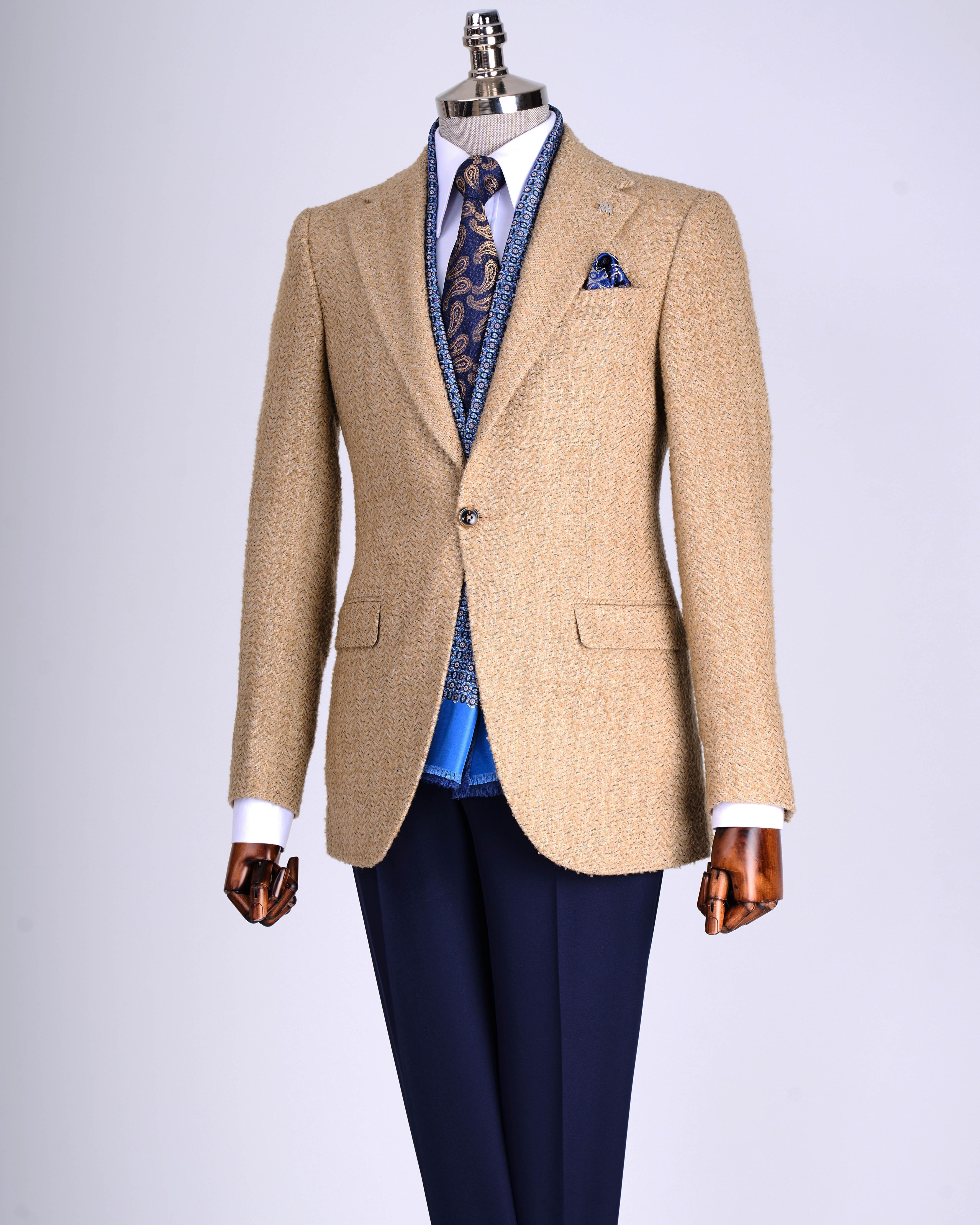 İtalyan stil slim fit balıksırtı desen  erkek ceket bej T13434