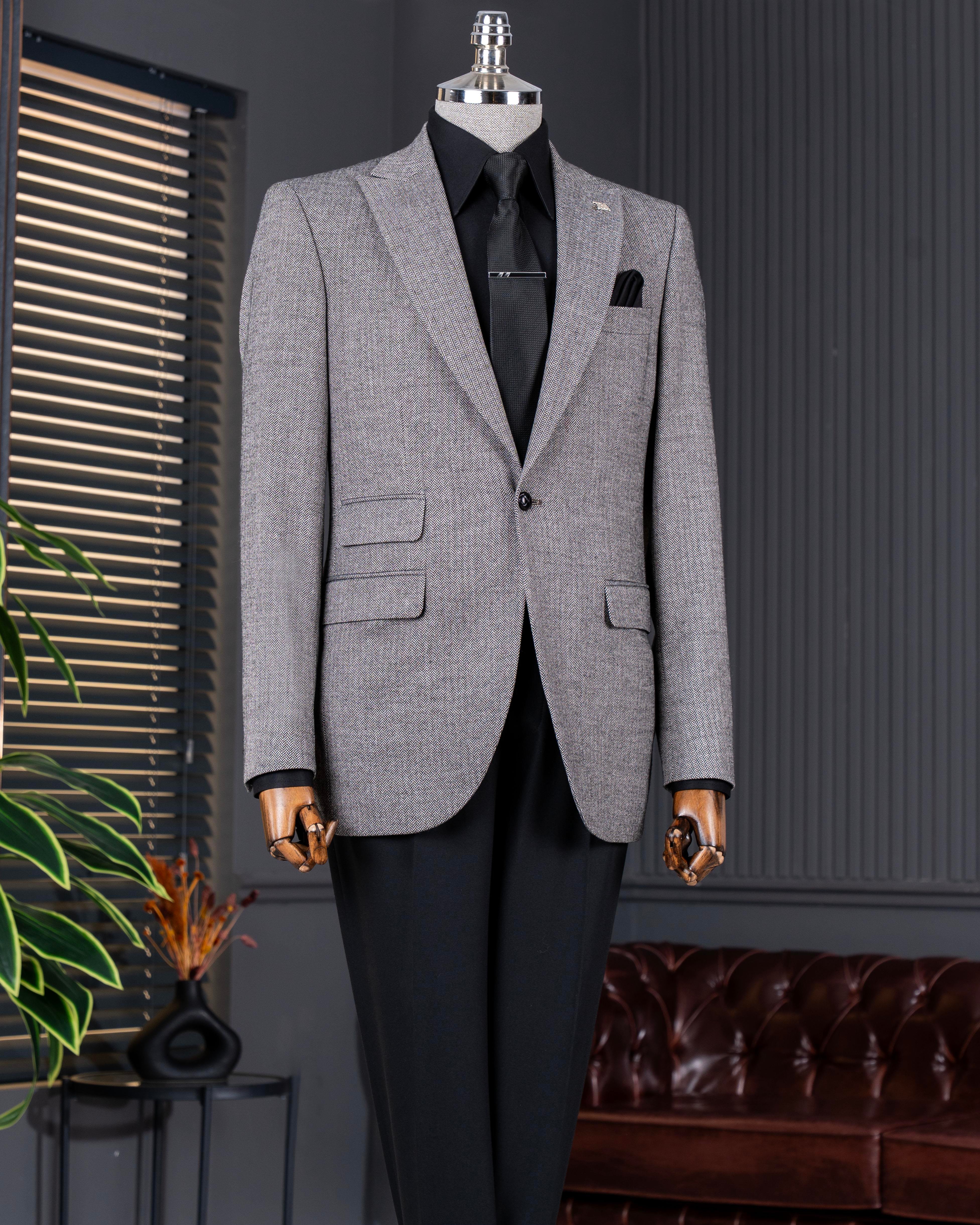 Italian style slim fit herringbone pattern double breasted men's jacket brown T13051