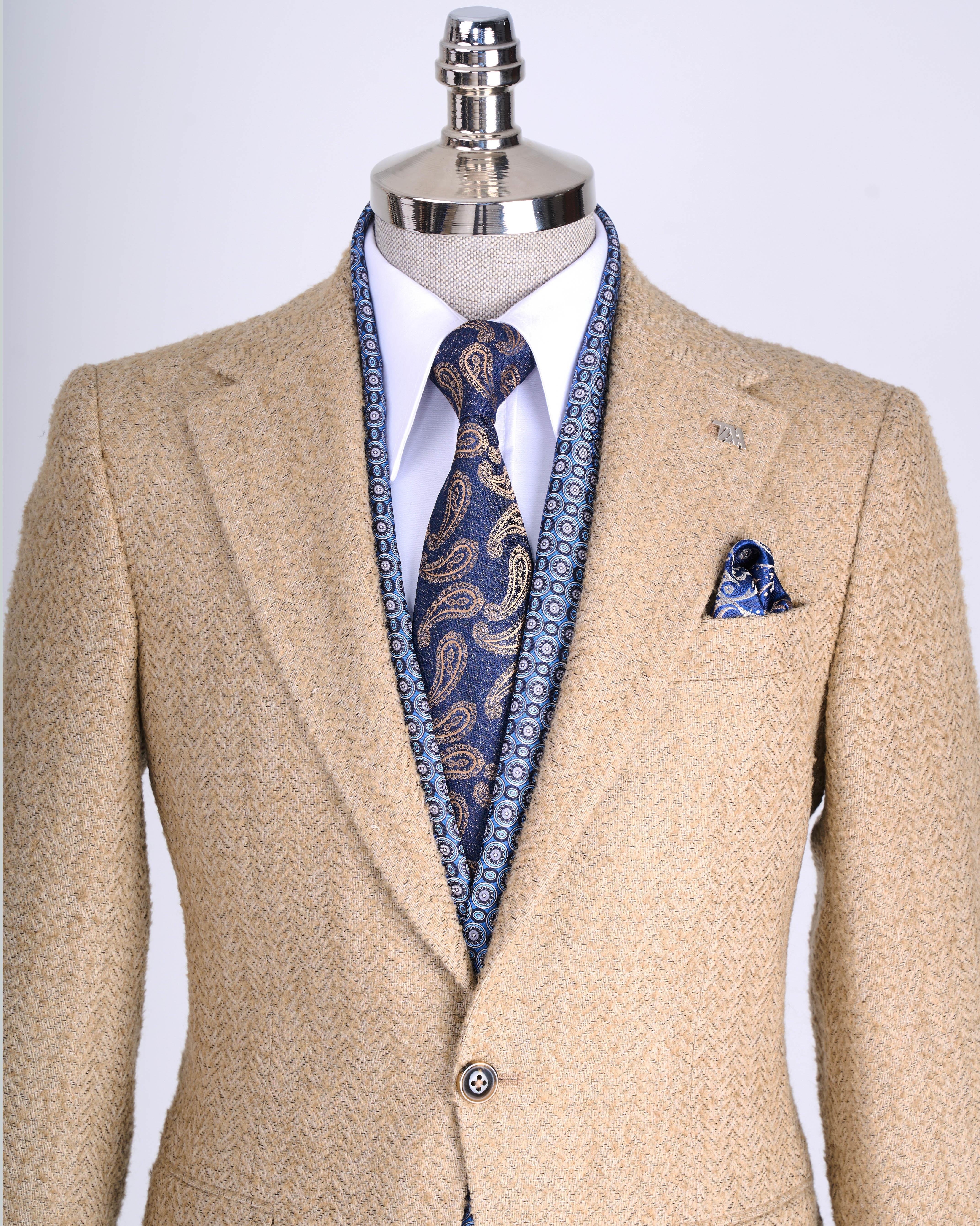 İtalyan stil slim fit balıksırtı desen  erkek ceket bej T13434