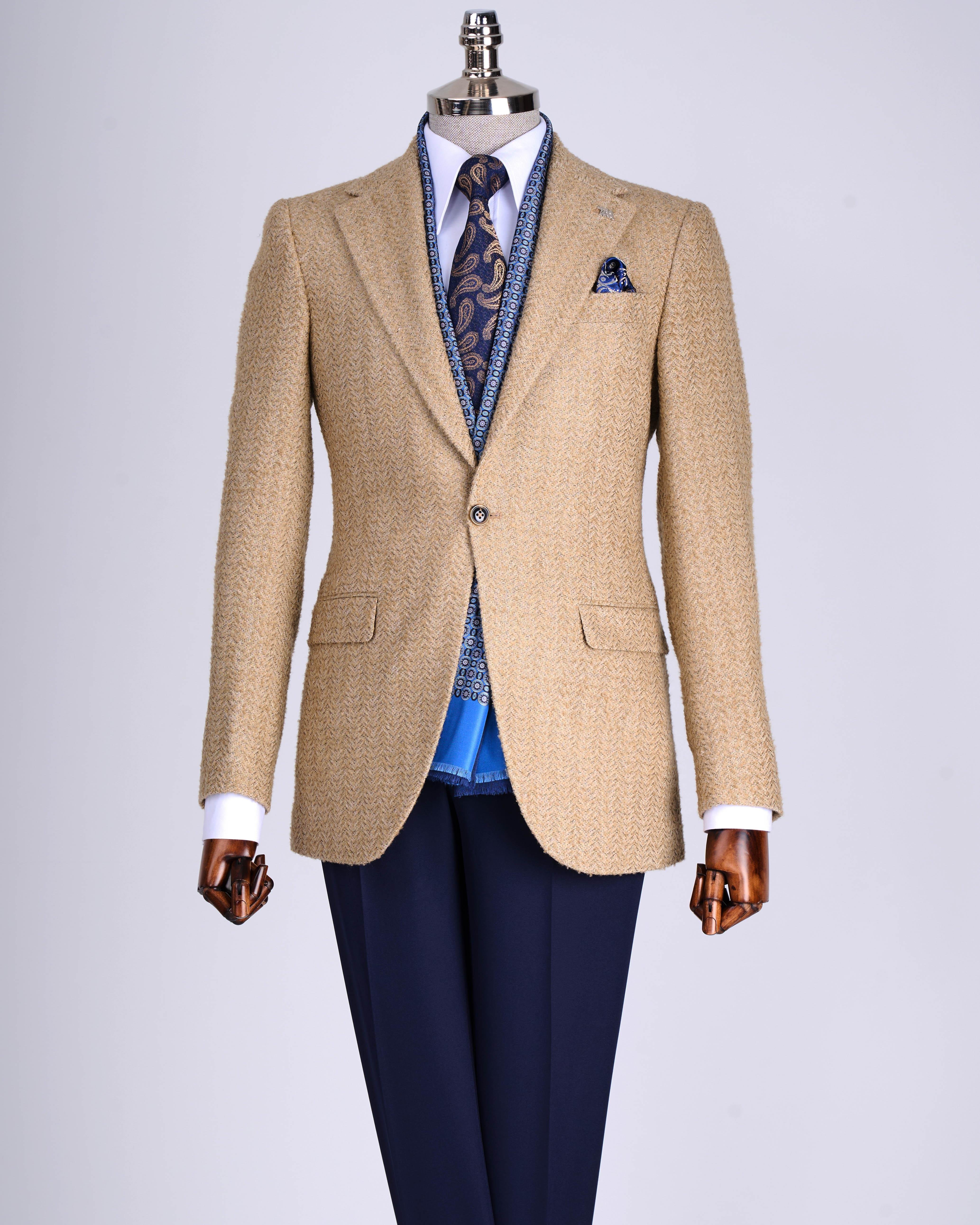 İtalyan stil slim fit balıksırtı desen  erkek ceket bej T13434
