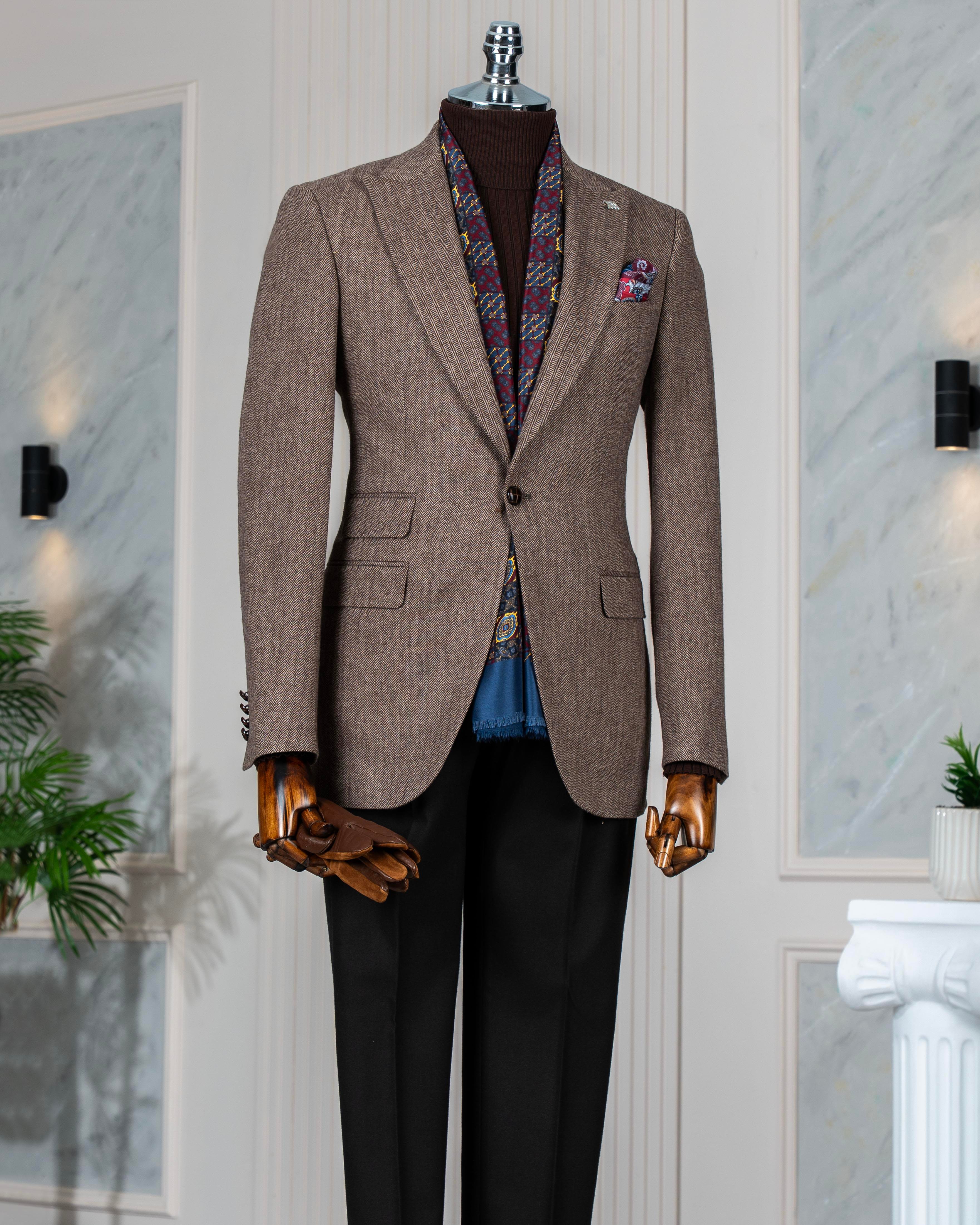 Italian style slim fit herringbone pattern men's single jacket brown T13298