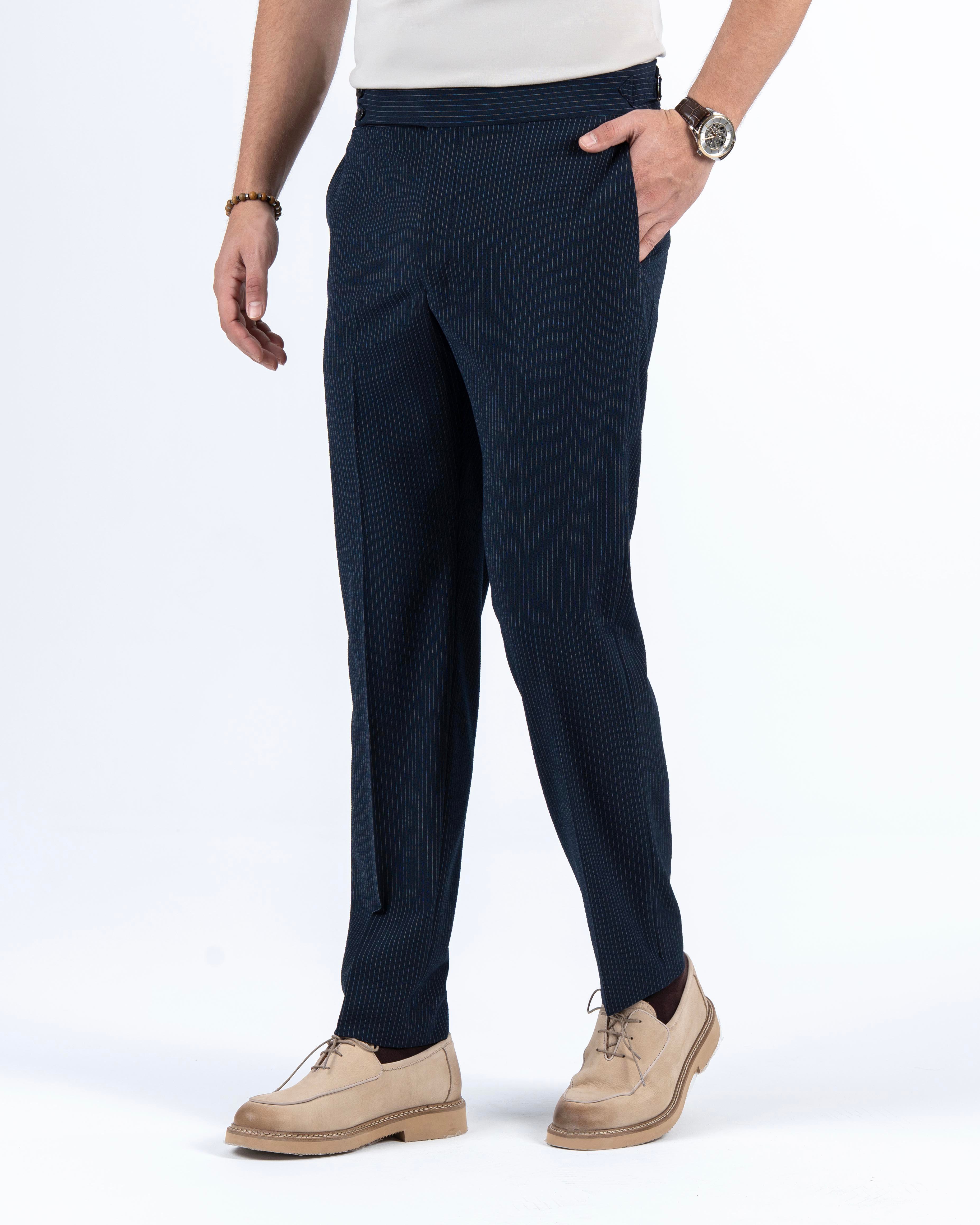 İtalyan stil slim fit bel detaylı çizgili erkek pantalon lacivert T13684