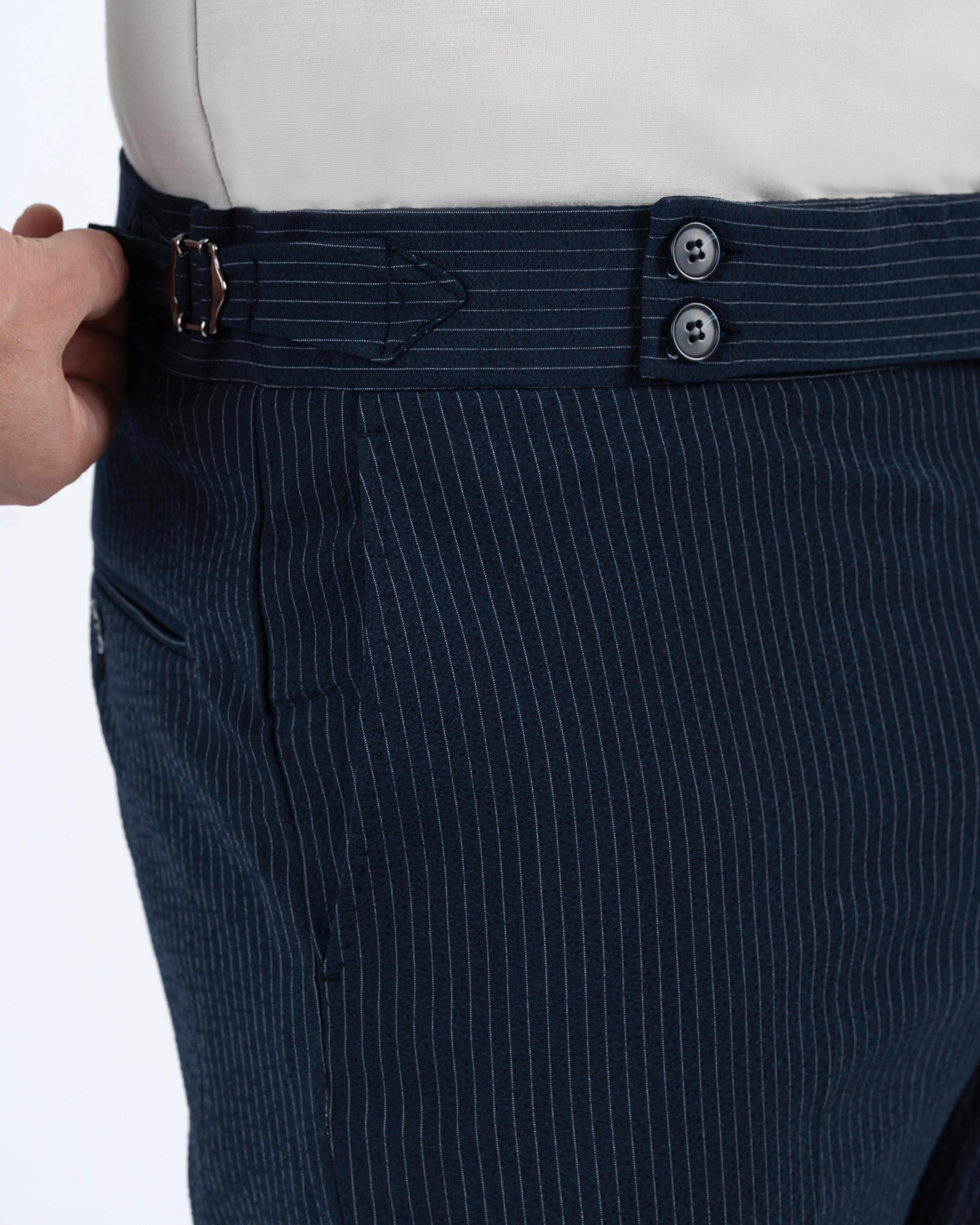 İtalyan stil slim fit bel detaylı çizgili erkek pantalon lacivert T13684