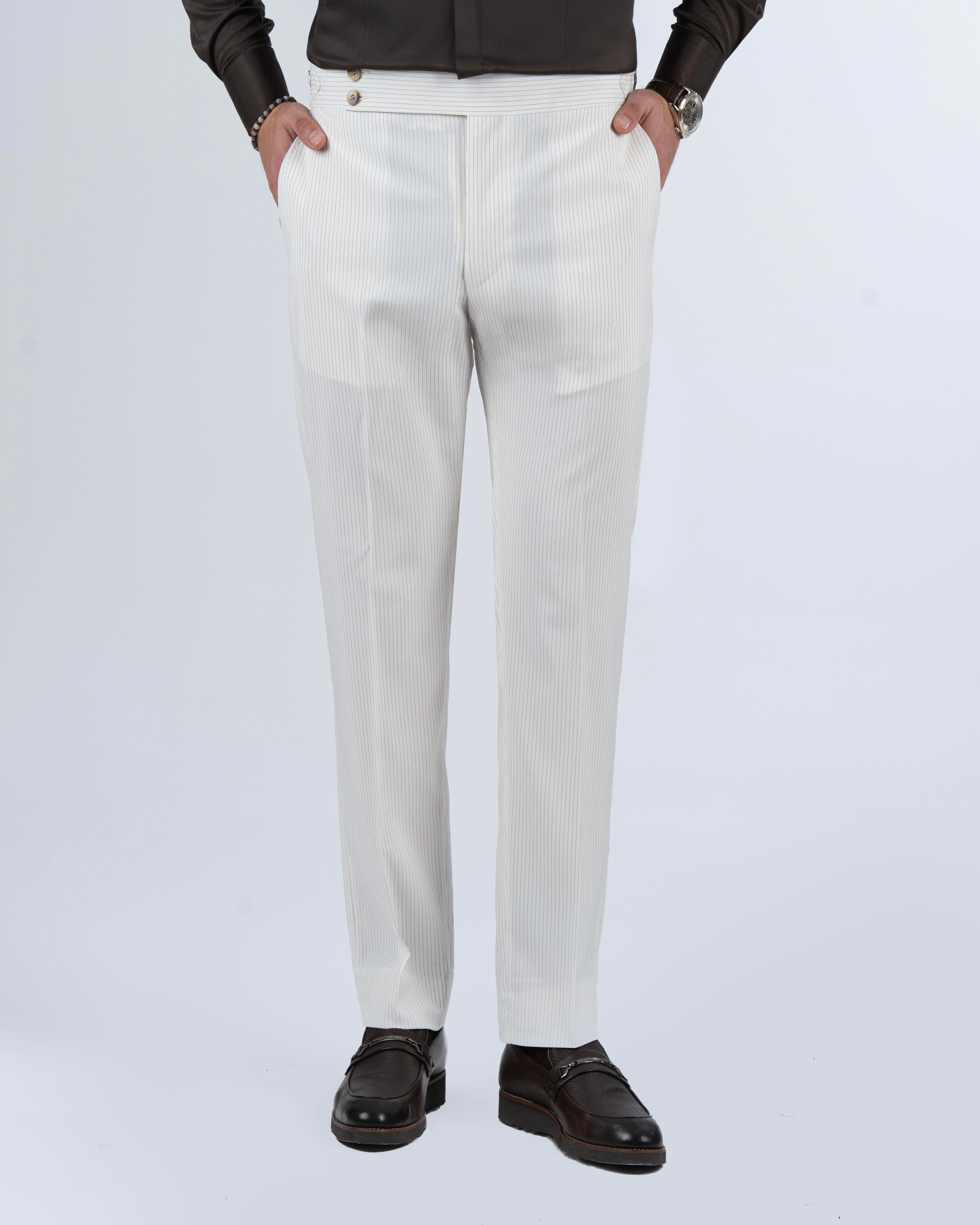 İtalyan stil slim fit bel detaylı çizgili erkek pantalon bej T13685