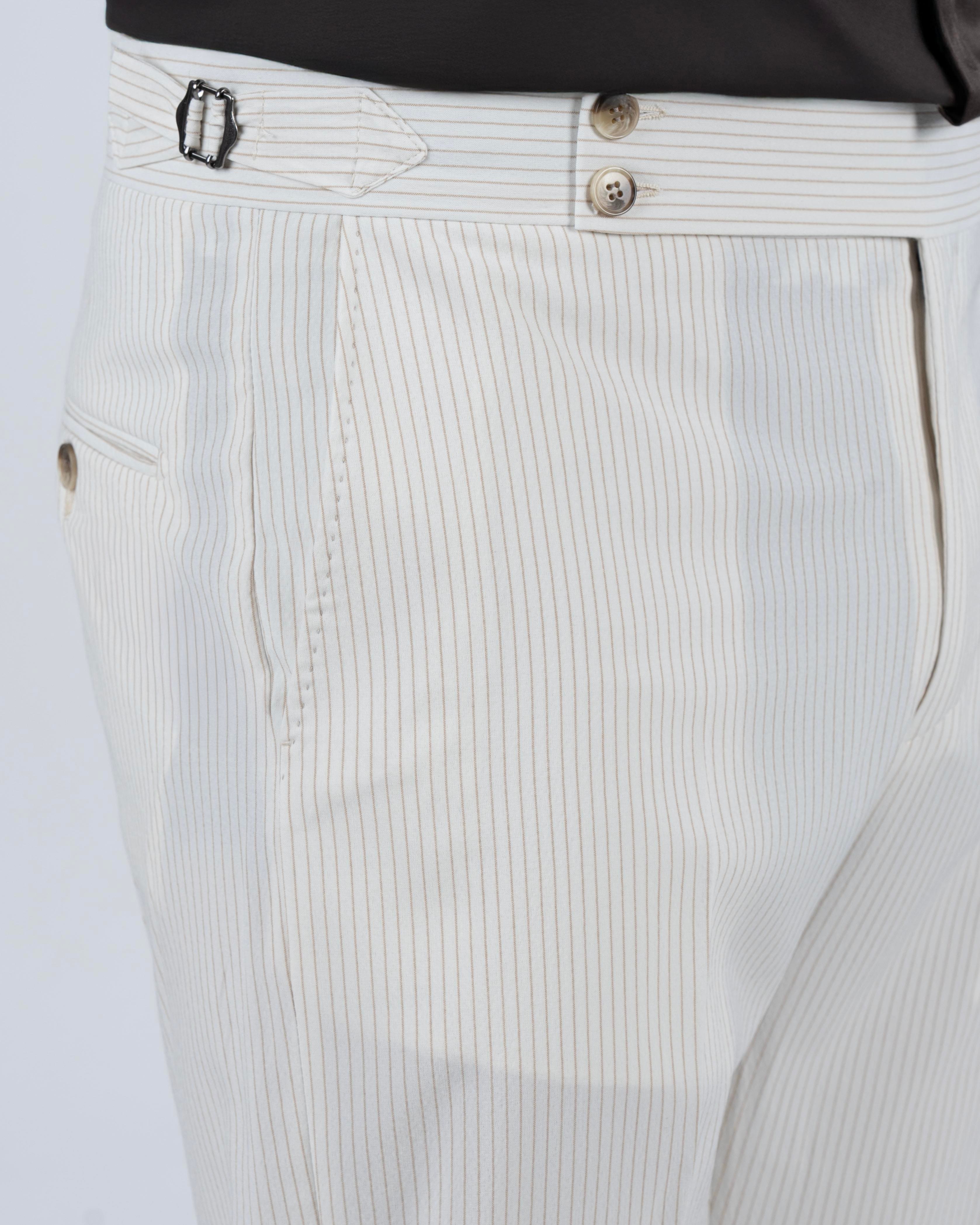 İtalyan stil slim fit bel detaylı çizgili erkek pantalon bej T13685