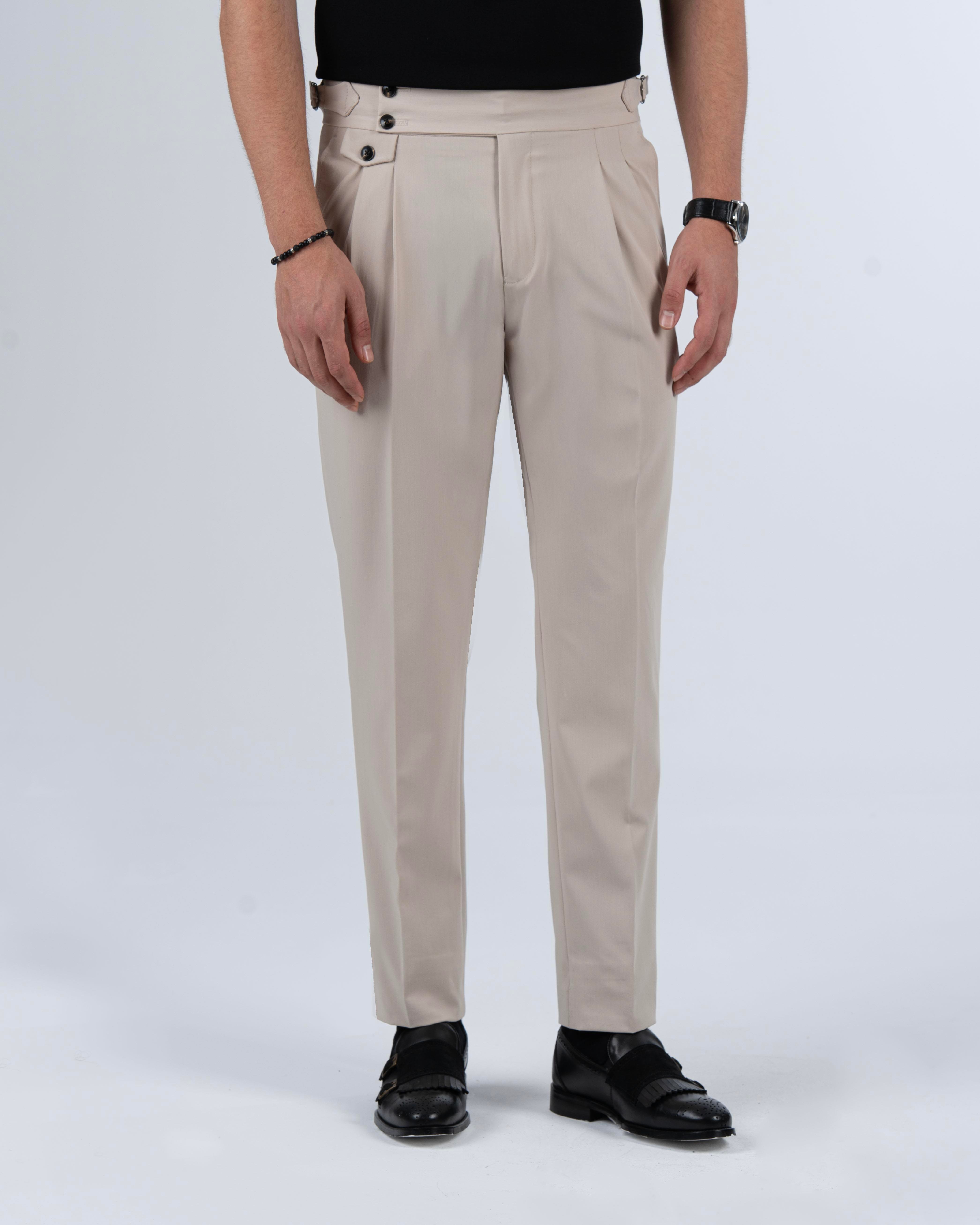 İtalyan stil slim fit bel detaylı erkek pantalon bej T13706