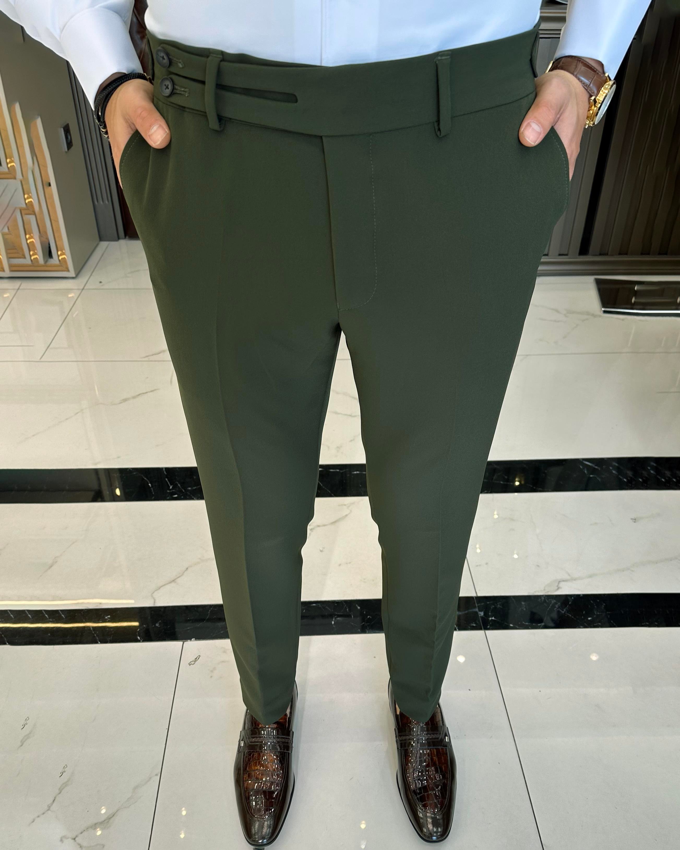 İtalyan stil slim fit bel detaylı erkek pantolon Yeşil T9938