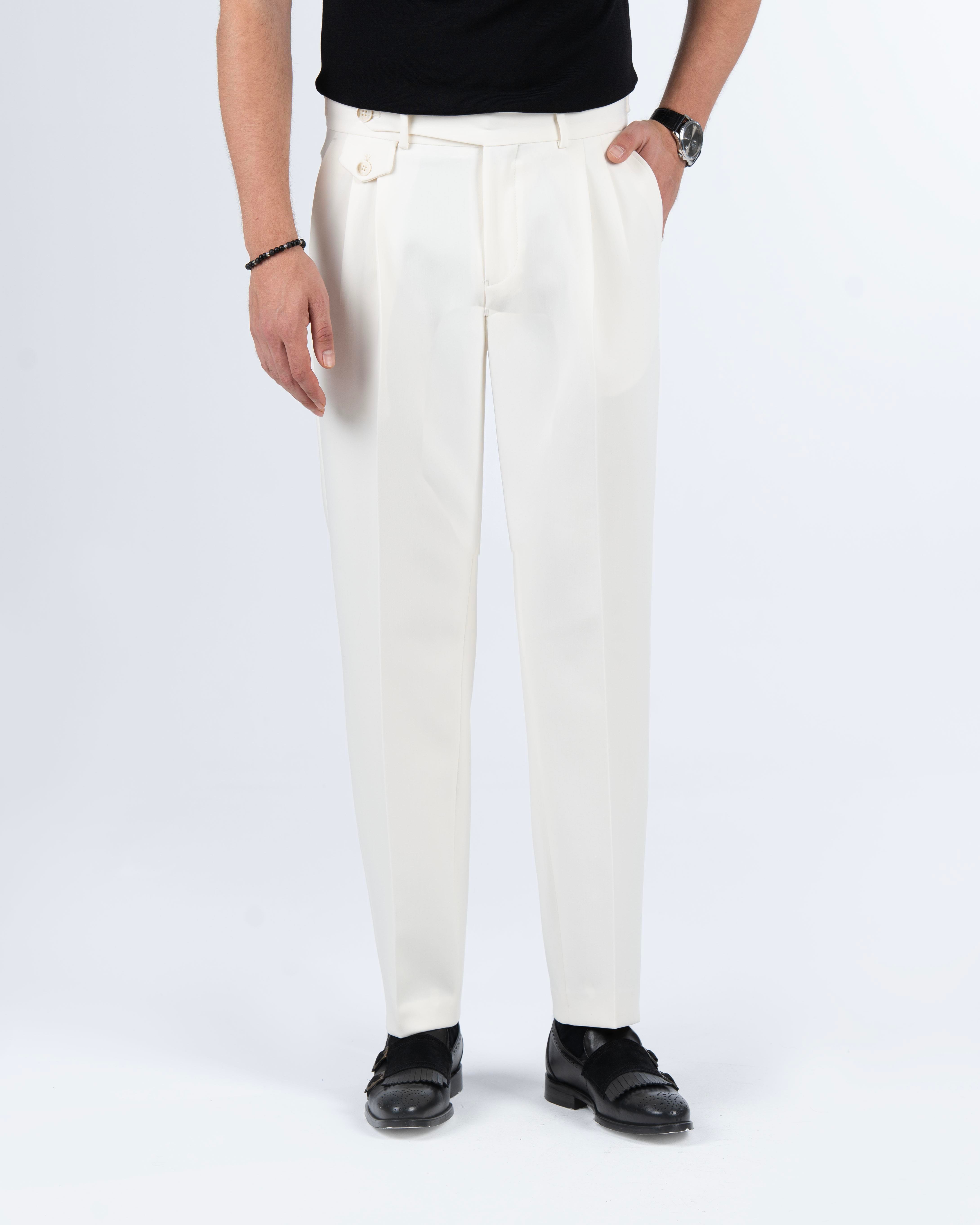 İtalyan stil slim fit bel detaylı erkek pantolon ekru T14137