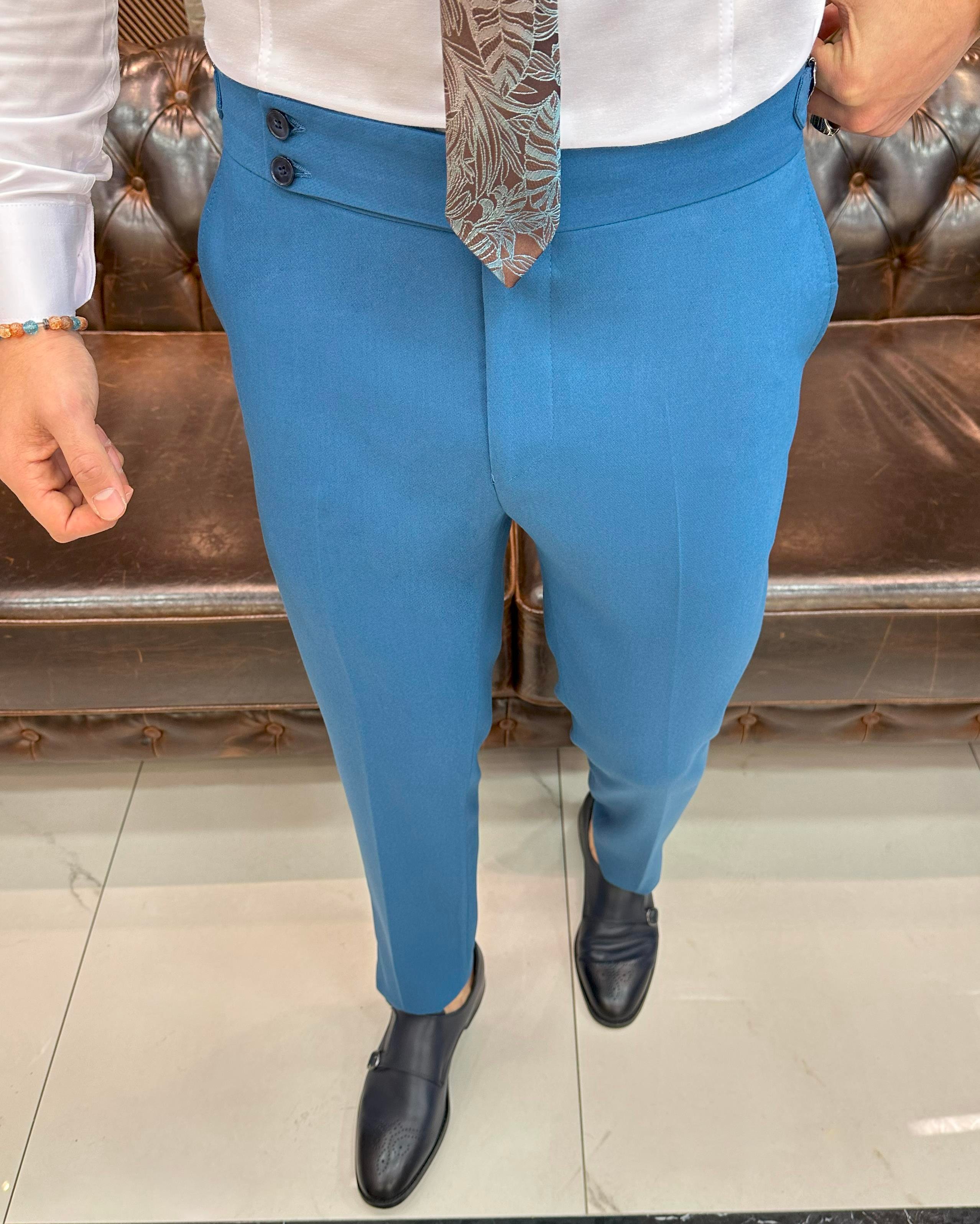 İtalyan stil slim fit bel detaylı erkek pantolon mavi T11427