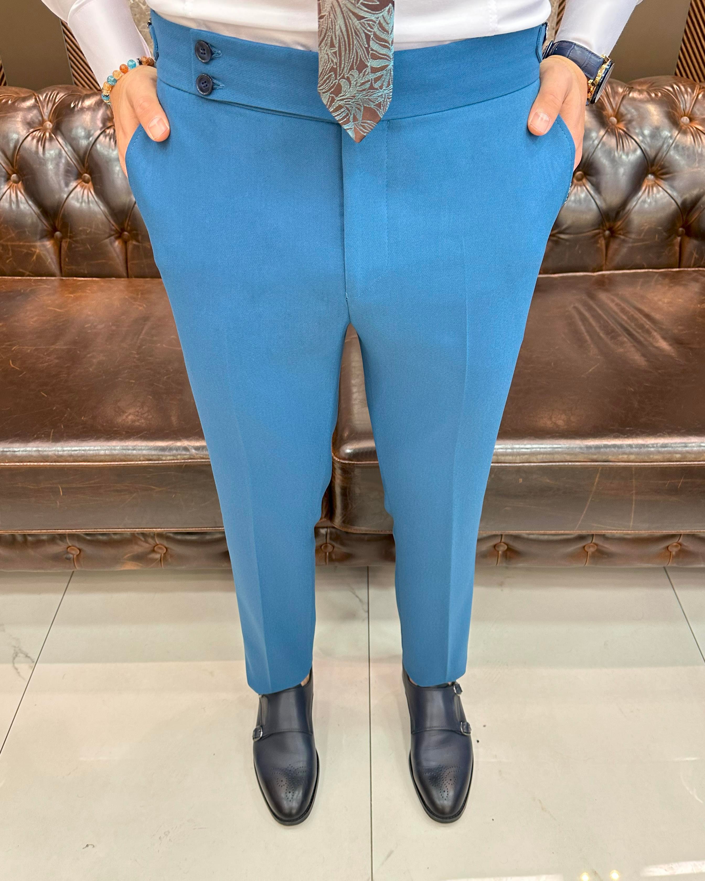 İtalyan stil slim fit bel detaylı erkek pantolon mavi T11427