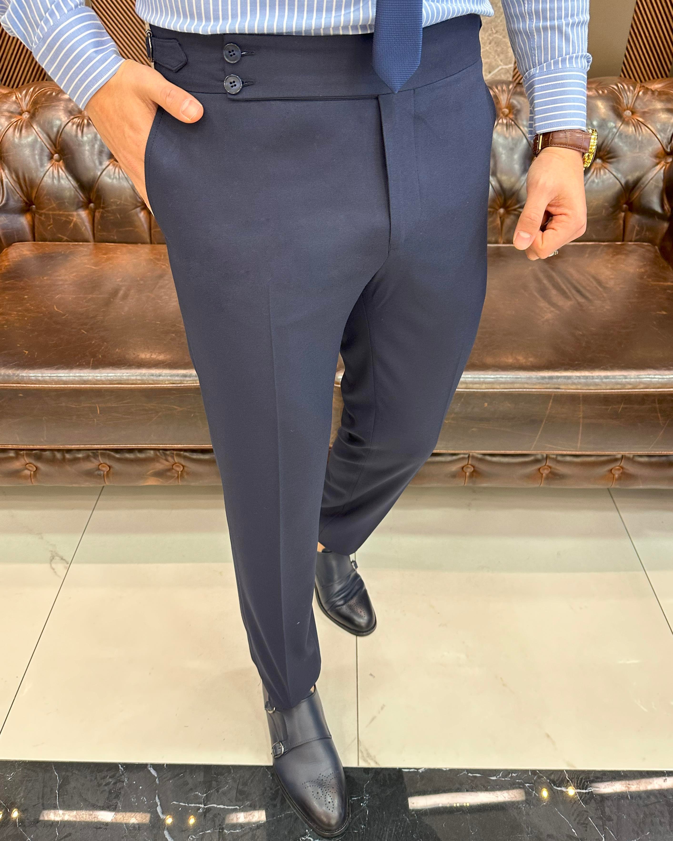 İtalyan stil slim fit bel detaylı erkek pantolon lacivert T11436