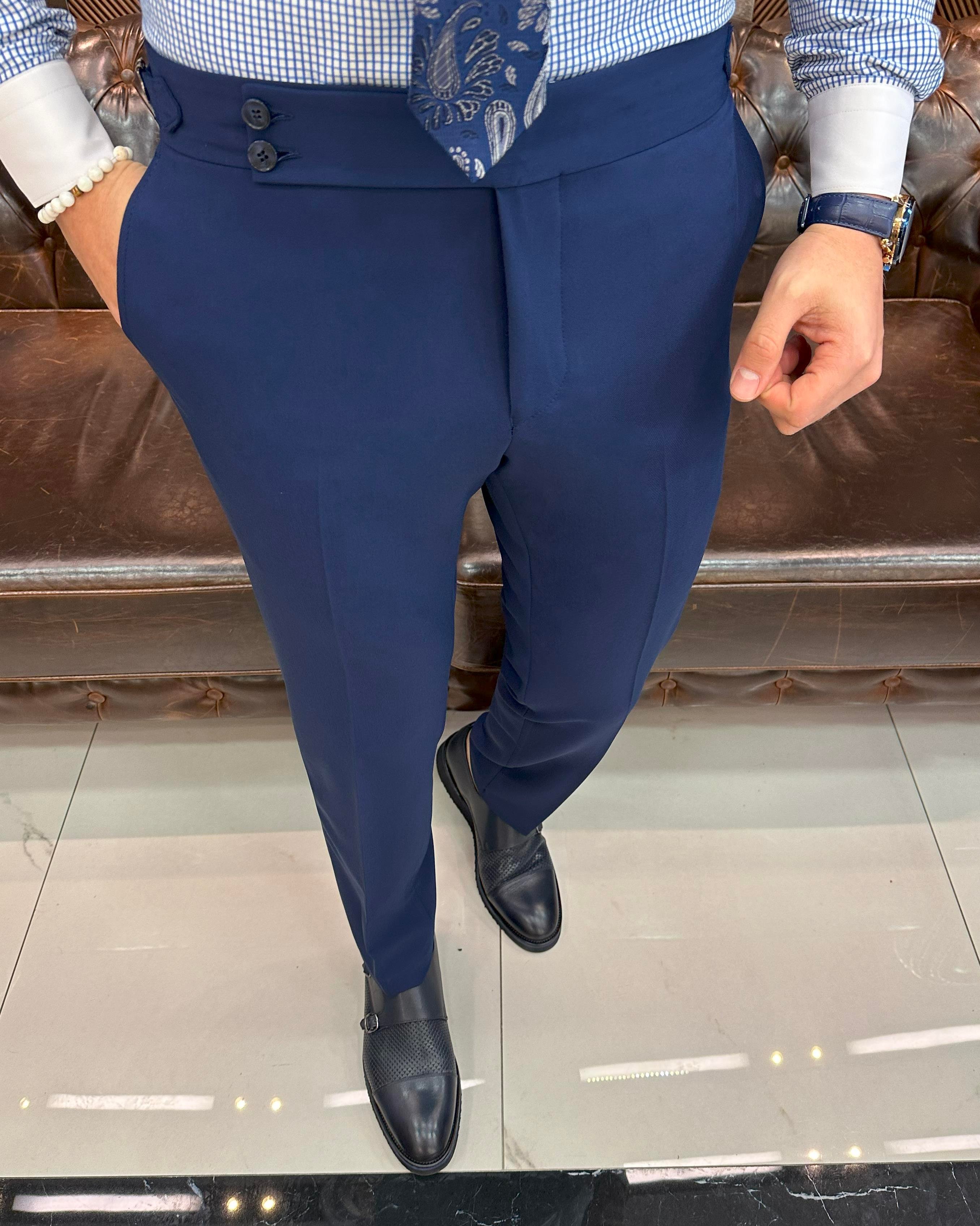 İtalyan stil slim fit bel detaylı erkek pantolon lacivert T11428